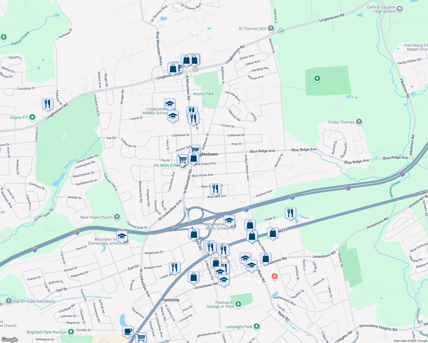 map of restaurants, bars, coffee shops, grocery stores, and more near 6114 Blue Stone Avenue in Harrisburg
