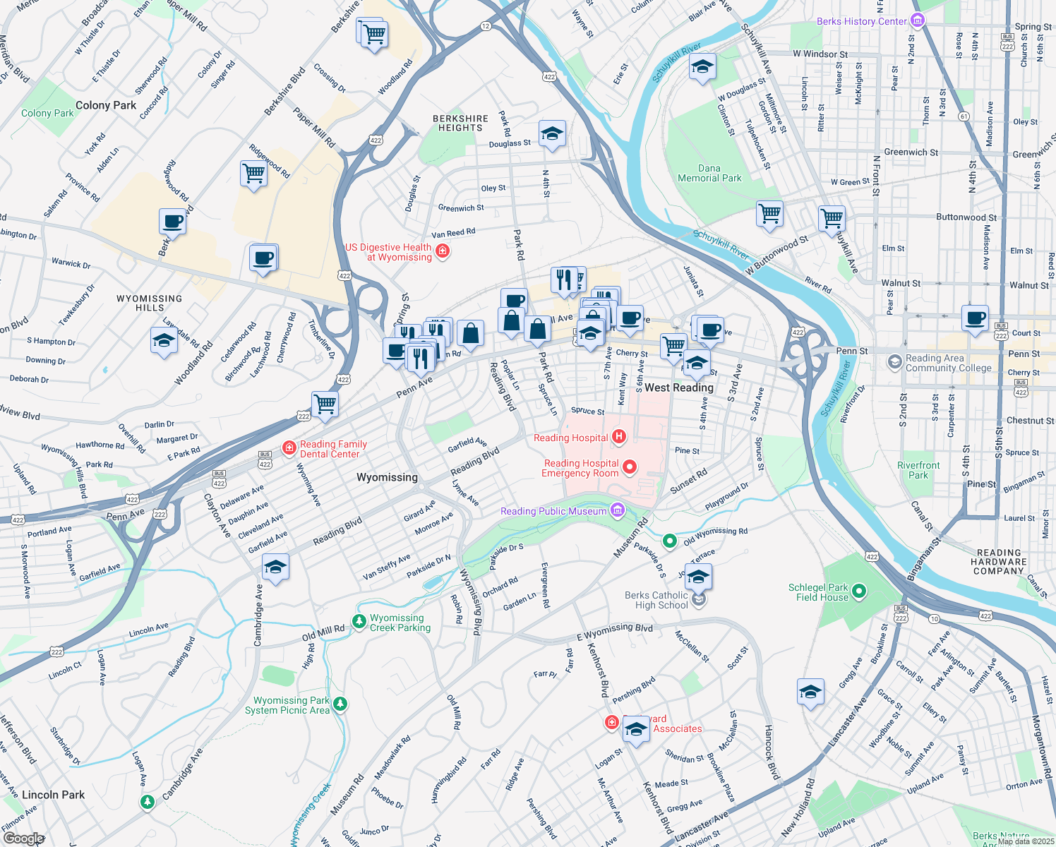 map of restaurants, bars, coffee shops, grocery stores, and more near 305 Reading Boulevard in Wyomissing
