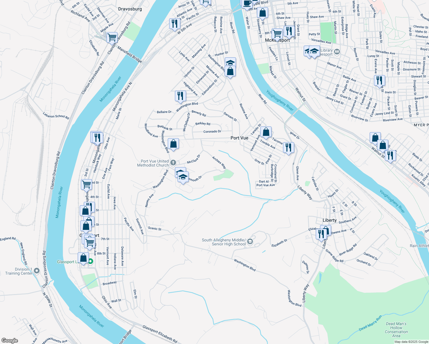 map of restaurants, bars, coffee shops, grocery stores, and more near 1168 Portsmouth Drive in McKeesport