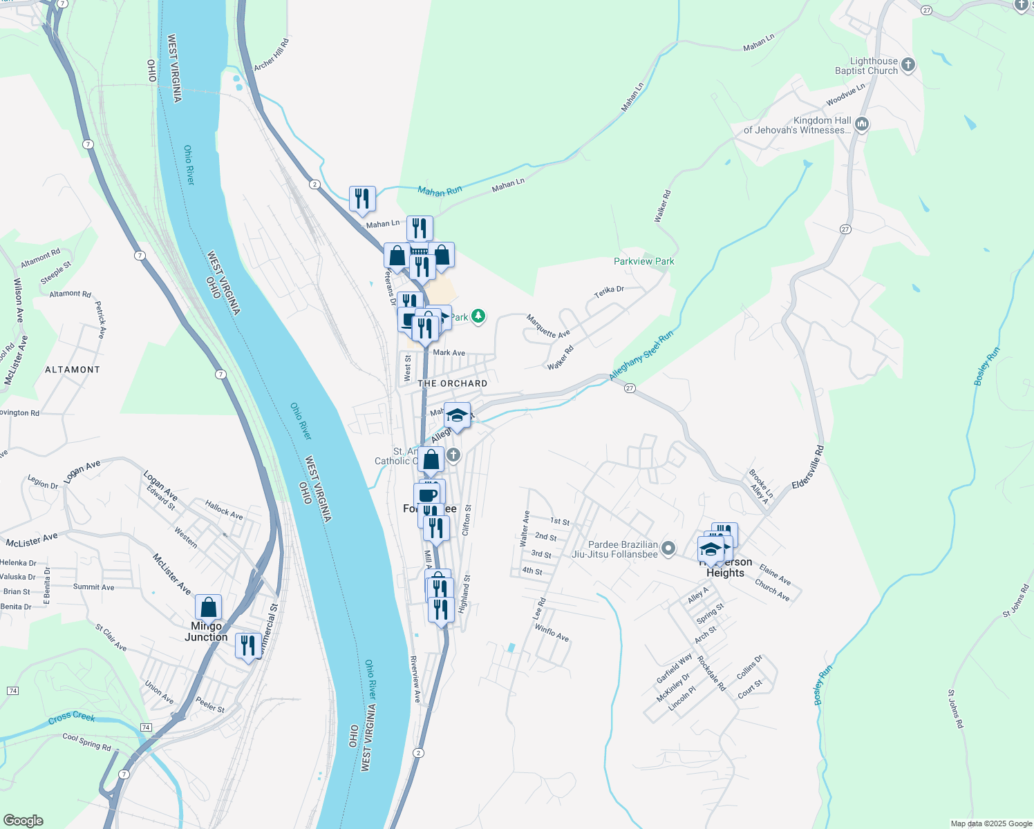 map of restaurants, bars, coffee shops, grocery stores, and more near 1129 Neville Street in Follansbee