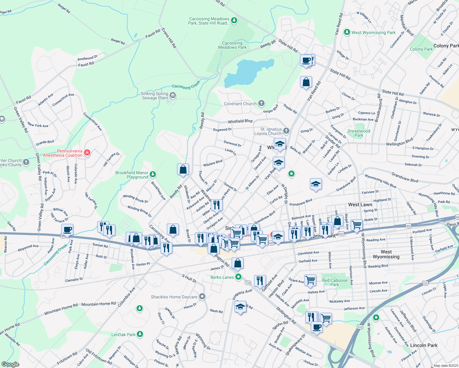 map of restaurants, bars, coffee shops, grocery stores, and more near 3057 Merritt Pkwy in Sinking Spring