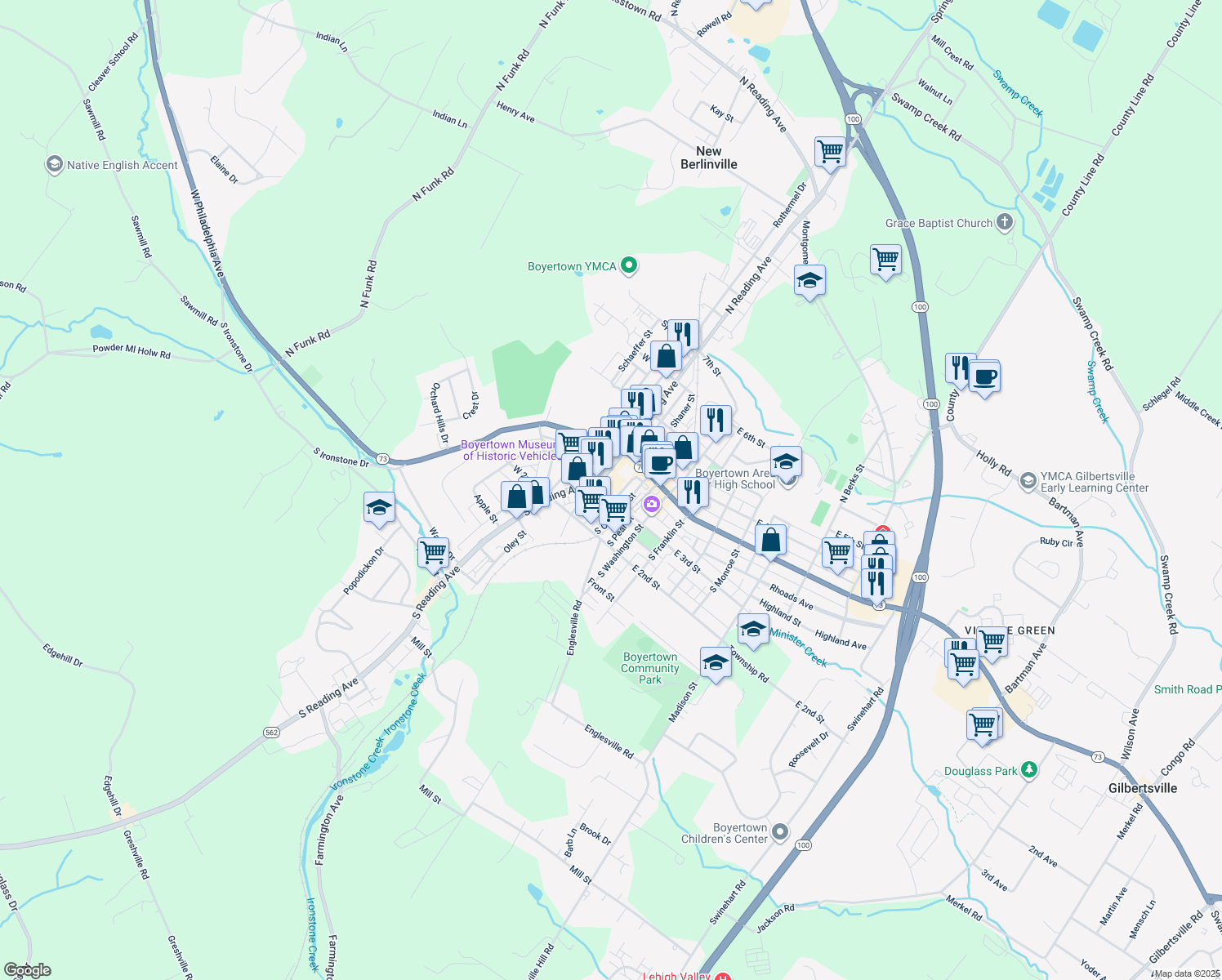 map of restaurants, bars, coffee shops, grocery stores, and more near 19 East 3rd Street in Boyertown