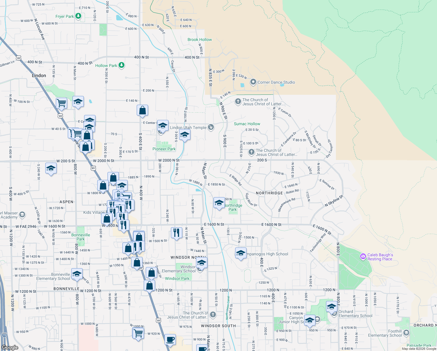 map of restaurants, bars, coffee shops, grocery stores, and more near 102 Ridge Road in Orem