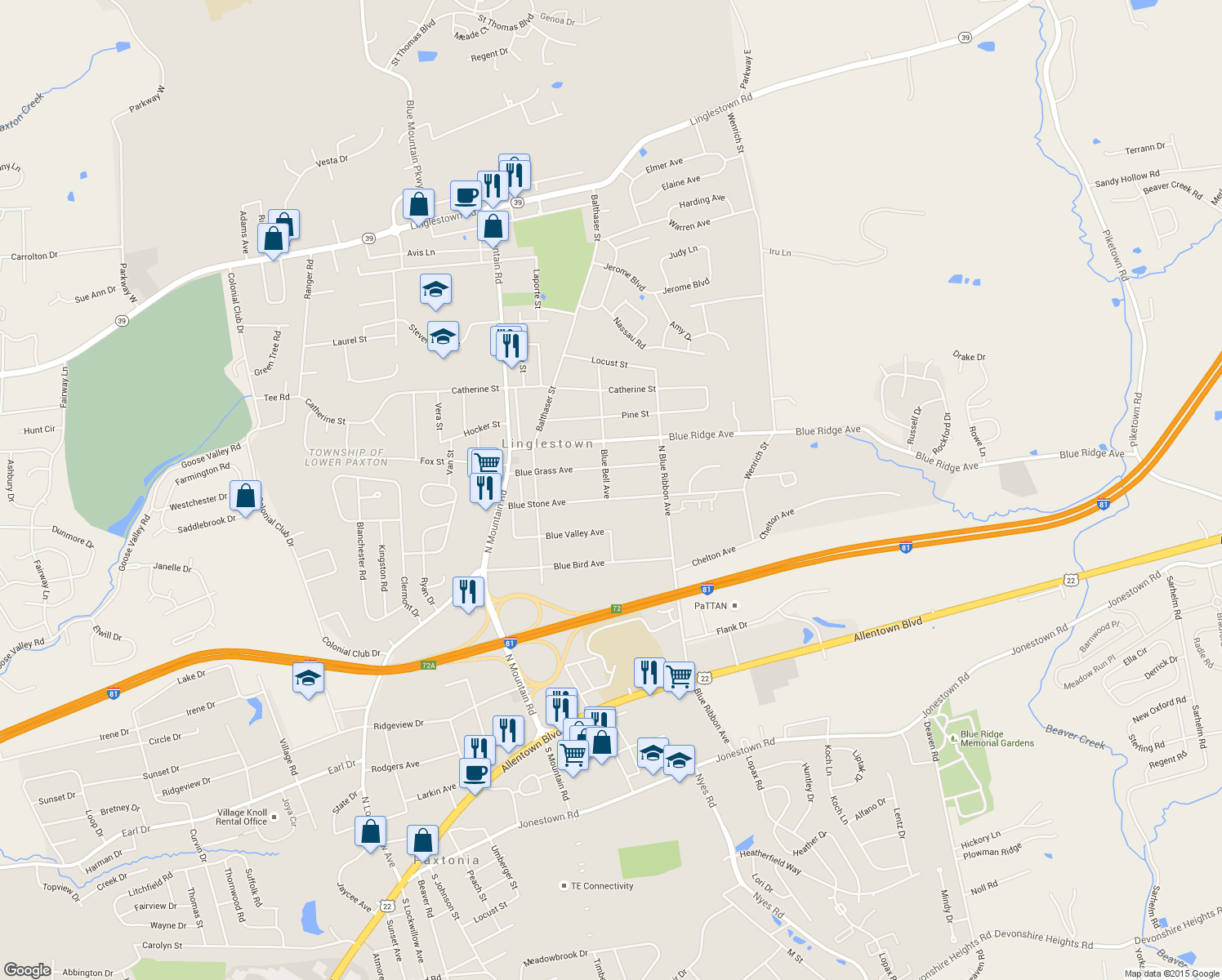 map of restaurants, bars, coffee shops, grocery stores, and more near 611 Blue Bell Avenue in Harrisburg