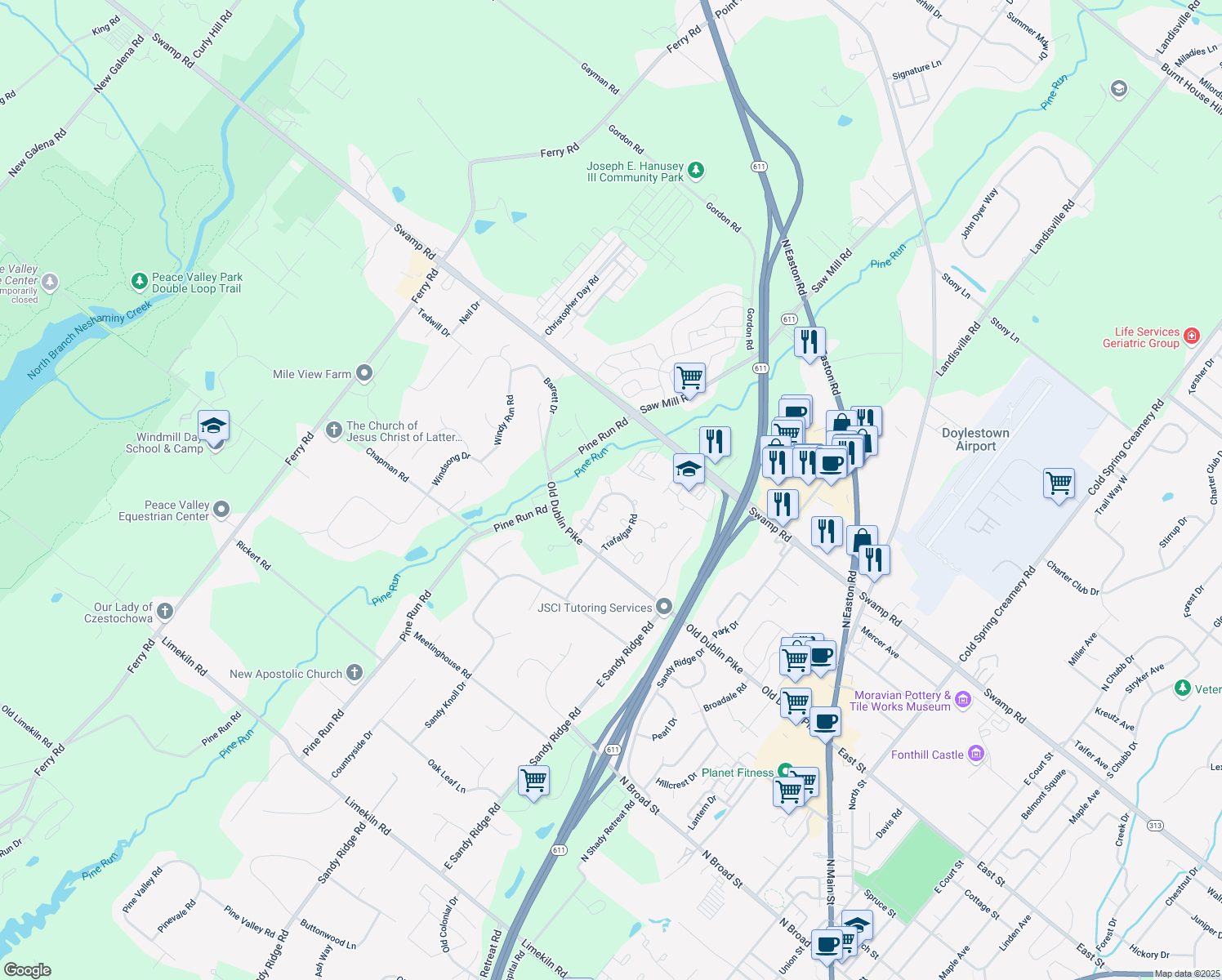 map of restaurants, bars, coffee shops, grocery stores, and more near 64 Charing Cross Road in Doylestown