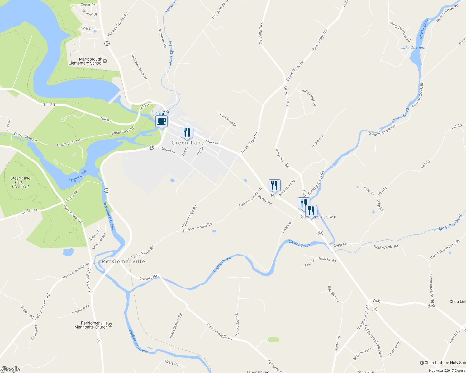 map of restaurants, bars, coffee shops, grocery stores, and more near 6523 Upper Ridge Road in Green Lane