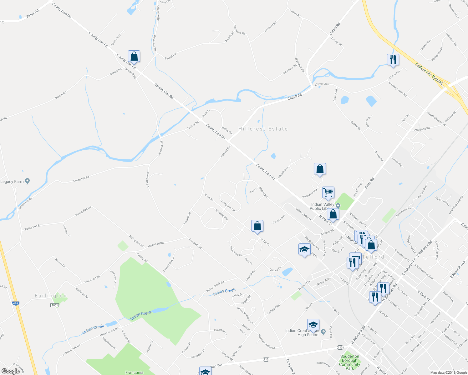 map of restaurants, bars, coffee shops, grocery stores, and more near 705 Melvin Road in Telford