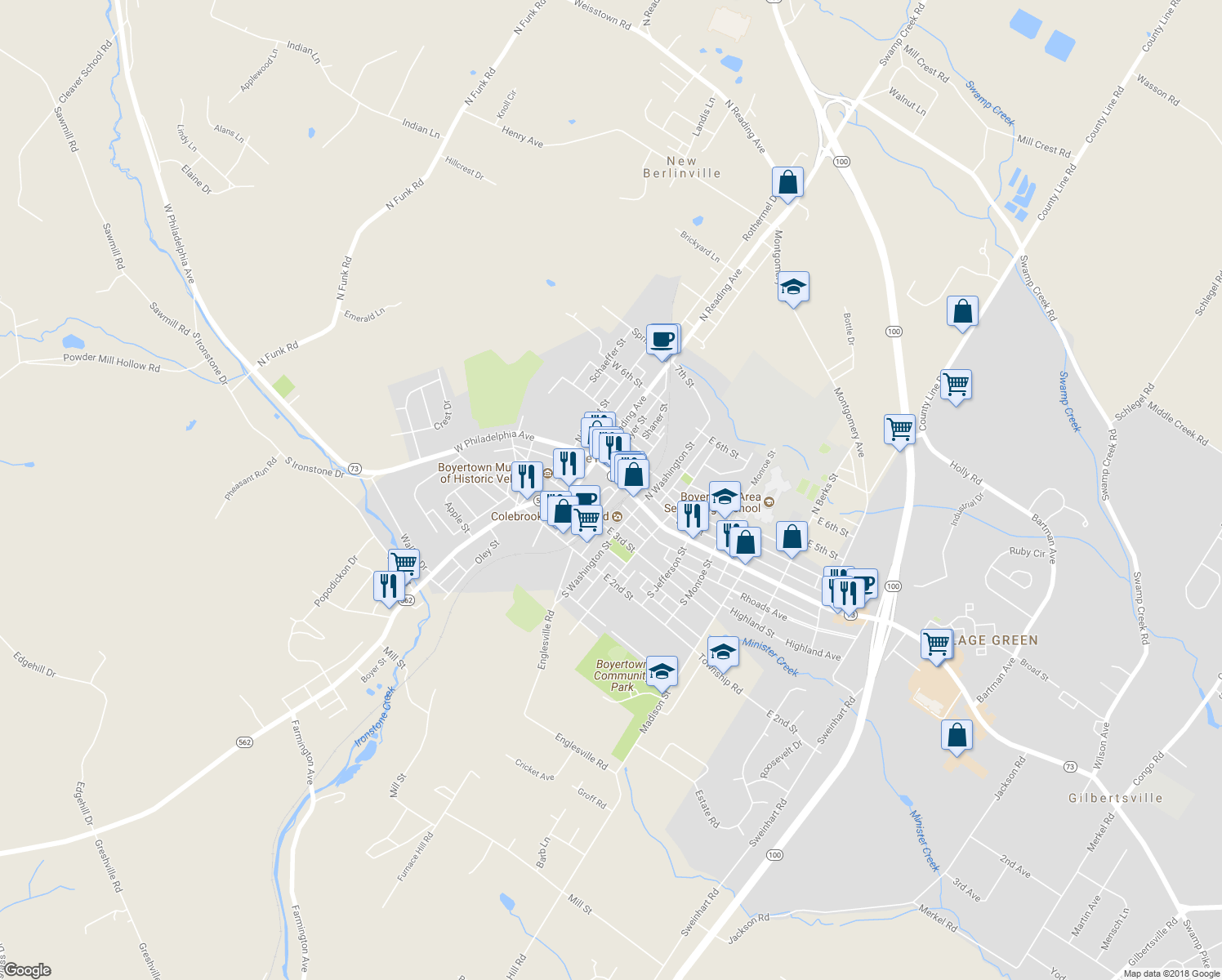 map of restaurants, bars, coffee shops, grocery stores, and more near 15 South Chestnut Street in Pottstown