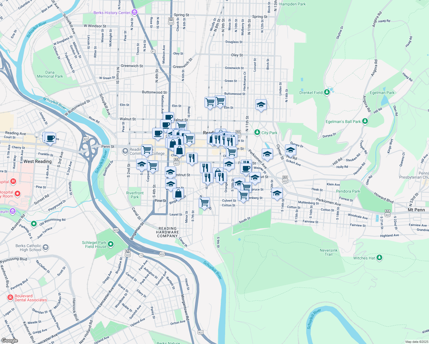 map of restaurants, bars, coffee shops, grocery stores, and more near 139 Peach St in Reading