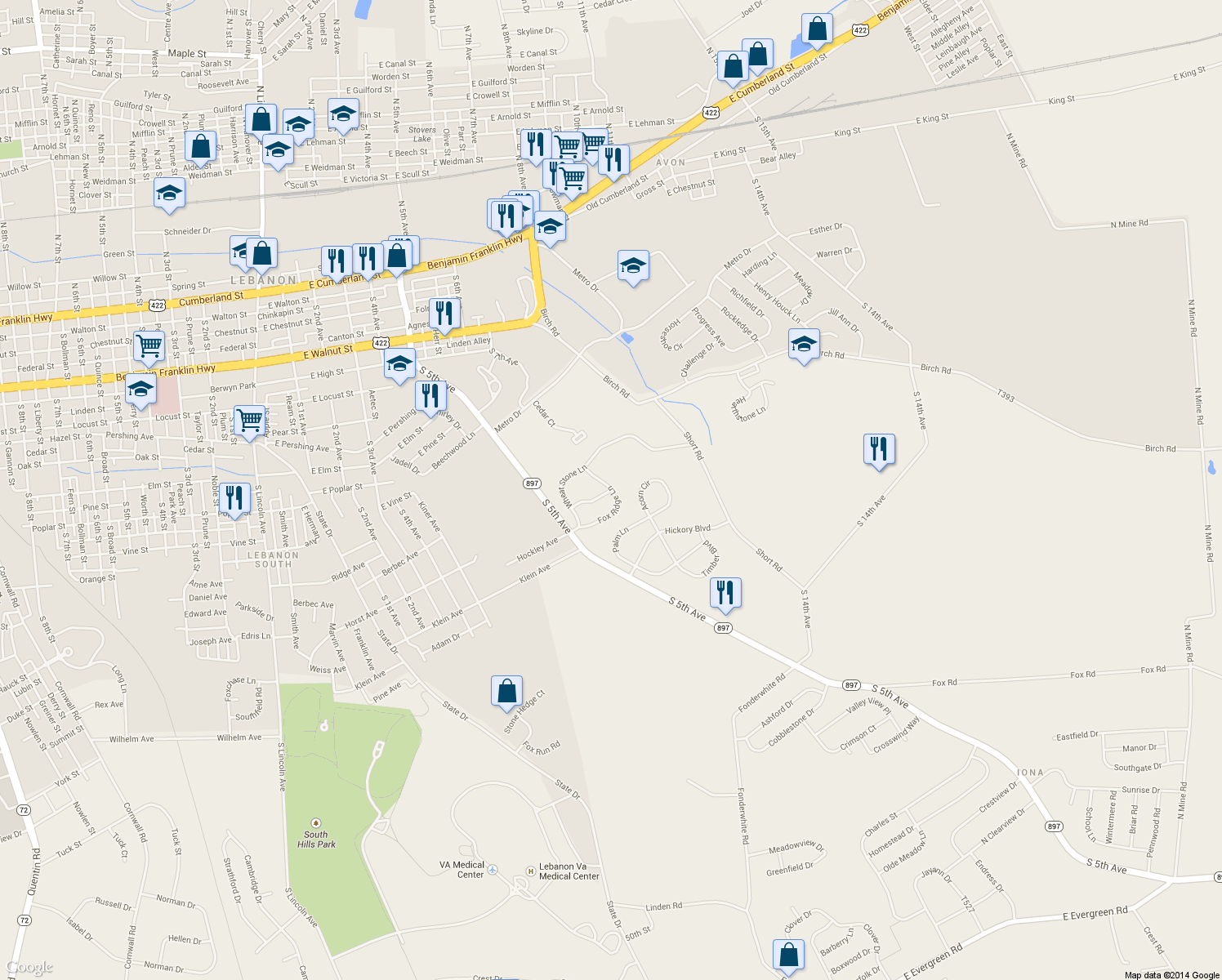 map of restaurants, bars, coffee shops, grocery stores, and more near 209 Wheatstone Ln in Lebanon