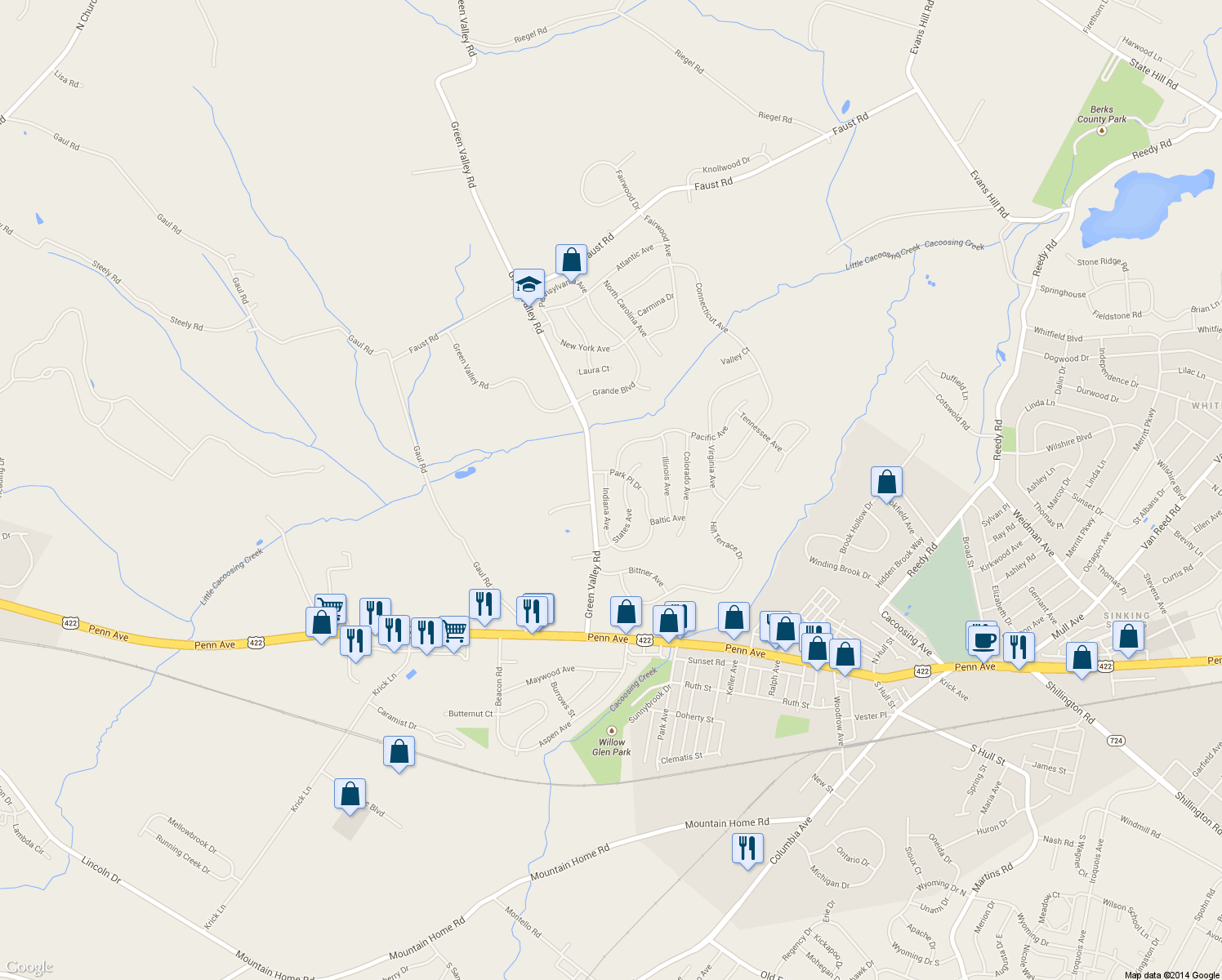 map of restaurants, bars, coffee shops, grocery stores, and more near 19 Indiana Avenue in Sinking Spring