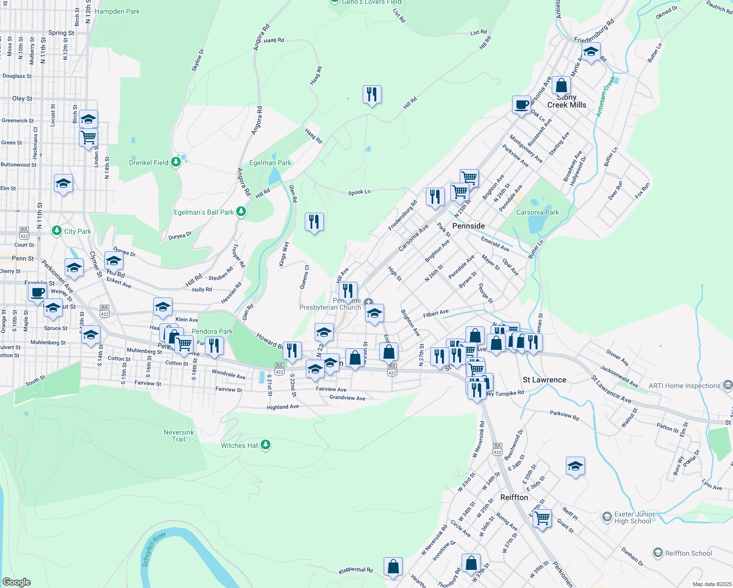 map of restaurants, bars, coffee shops, grocery stores, and more near 314 North 25th Street in Mount Penn