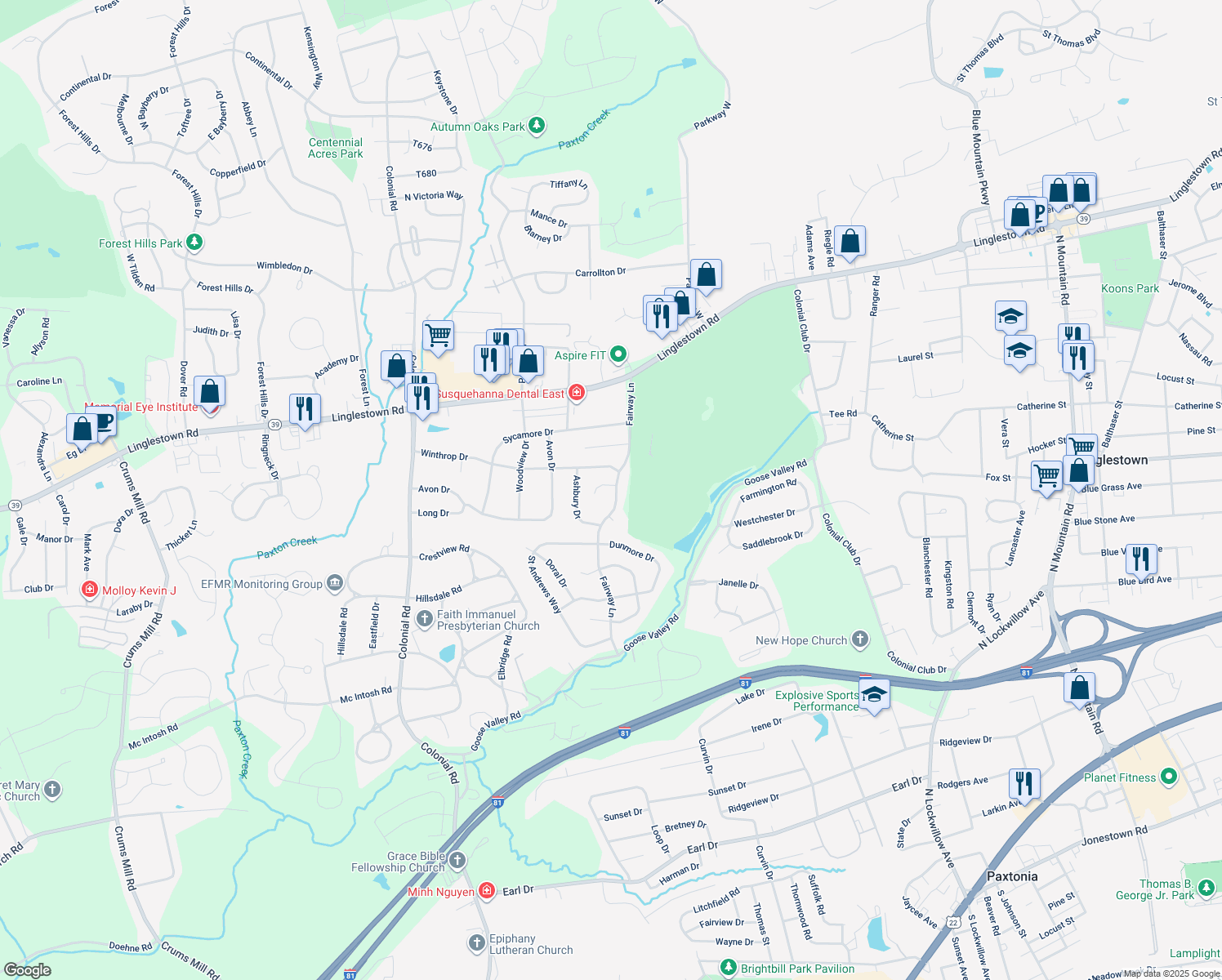 map of restaurants, bars, coffee shops, grocery stores, and more near 2096 Fairway Lane in Harrisburg