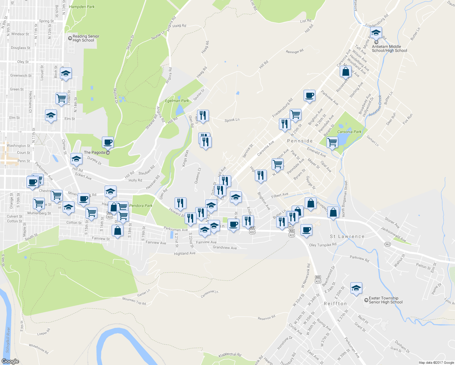 map of restaurants, bars, coffee shops, grocery stores, and more near 324 Carsonia Avenue in Reading
