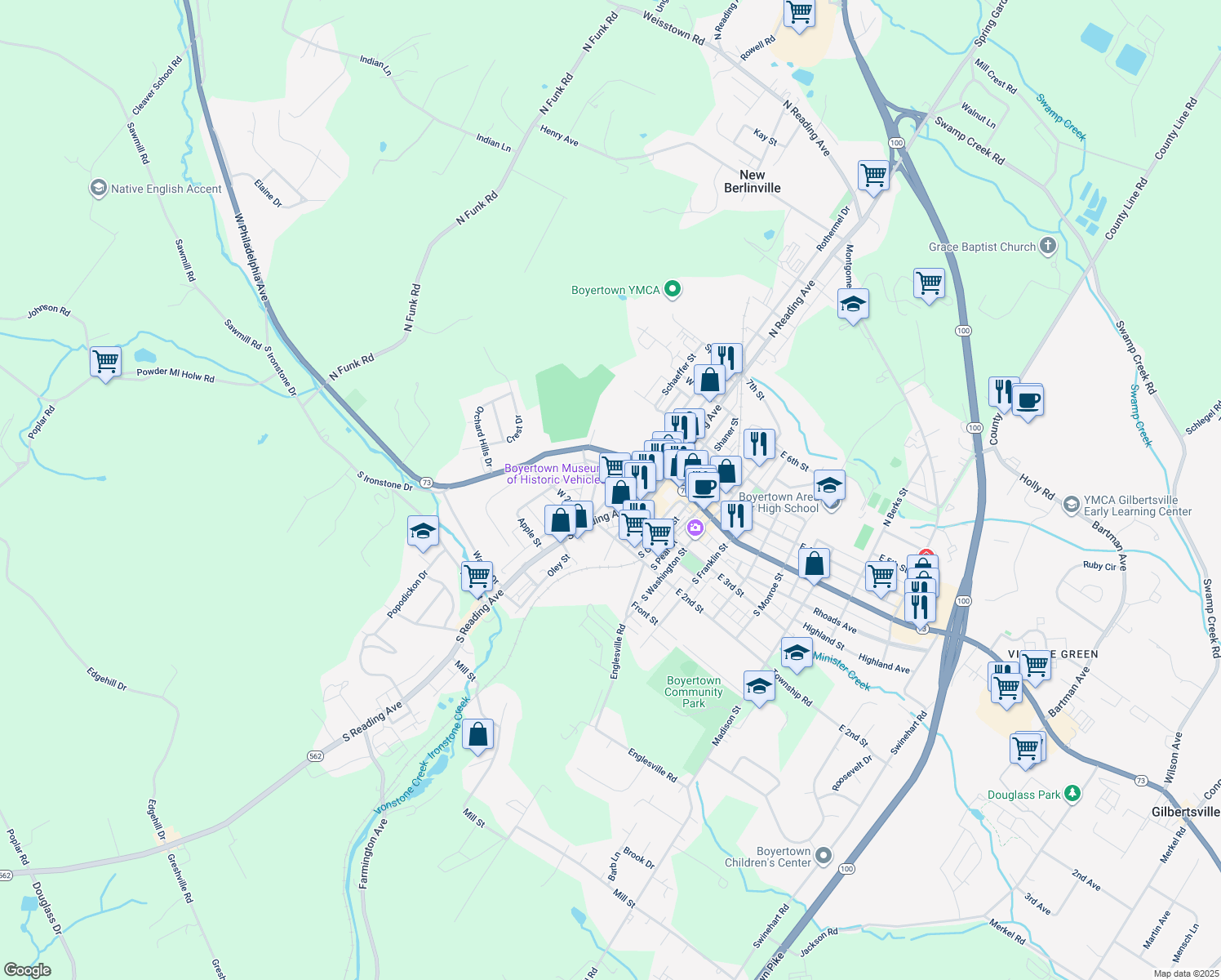 map of restaurants, bars, coffee shops, grocery stores, and more near 103 South Walnut Street in Boyertown