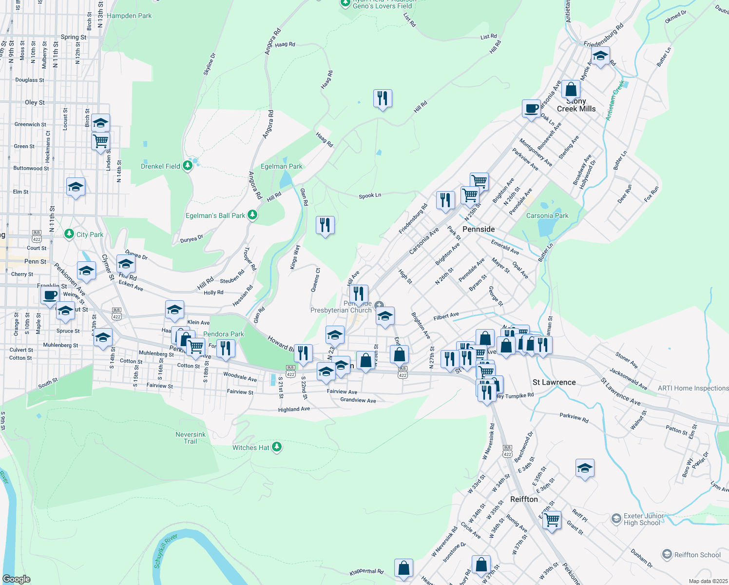 map of restaurants, bars, coffee shops, grocery stores, and more near 330 Carsonia Avenue in Mount Penn