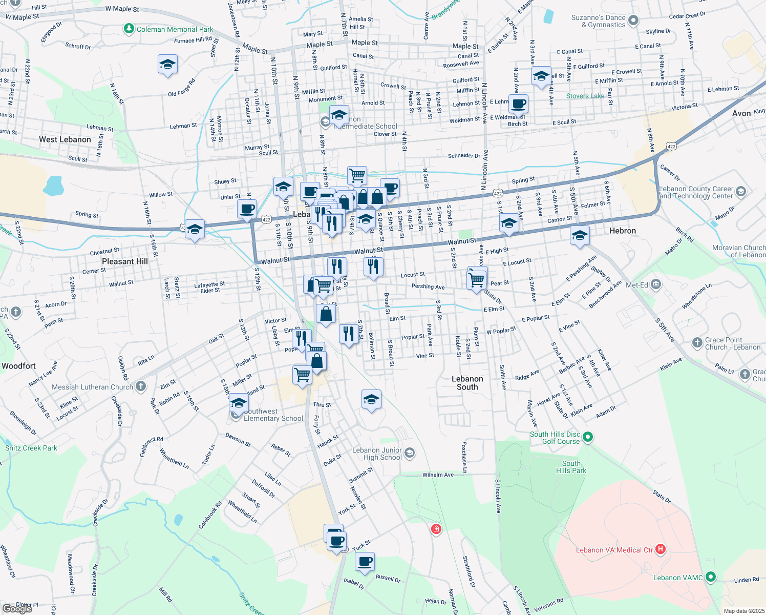 map of restaurants, bars, coffee shops, grocery stores, and more near 418 S 6th St in Lebanon