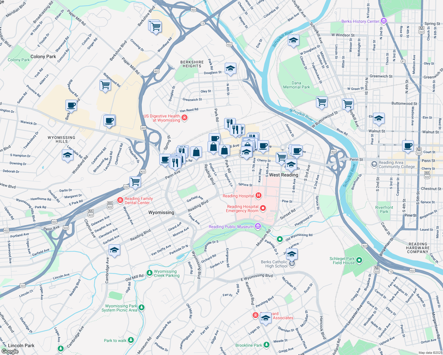 map of restaurants, bars, coffee shops, grocery stores, and more near 935 Wayne Ave in Wyomissing