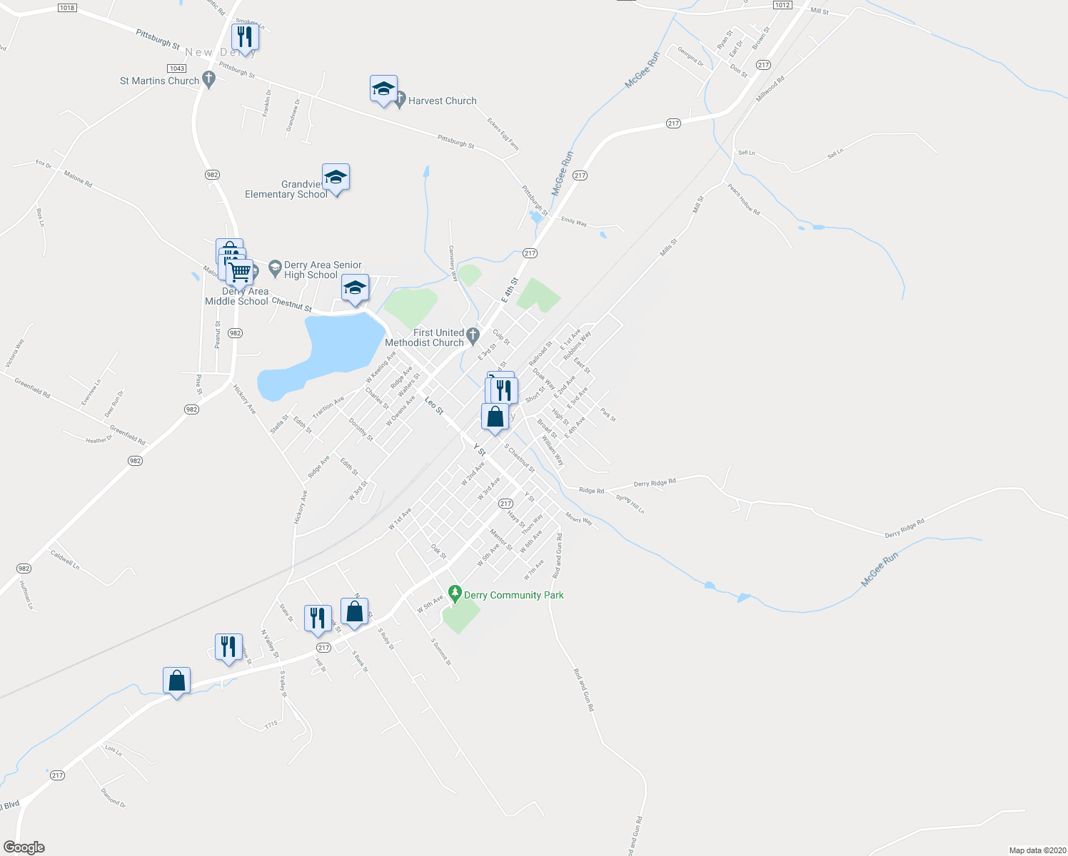 map of restaurants, bars, coffee shops, grocery stores, and more near 217 South Ligonier Street in Derry