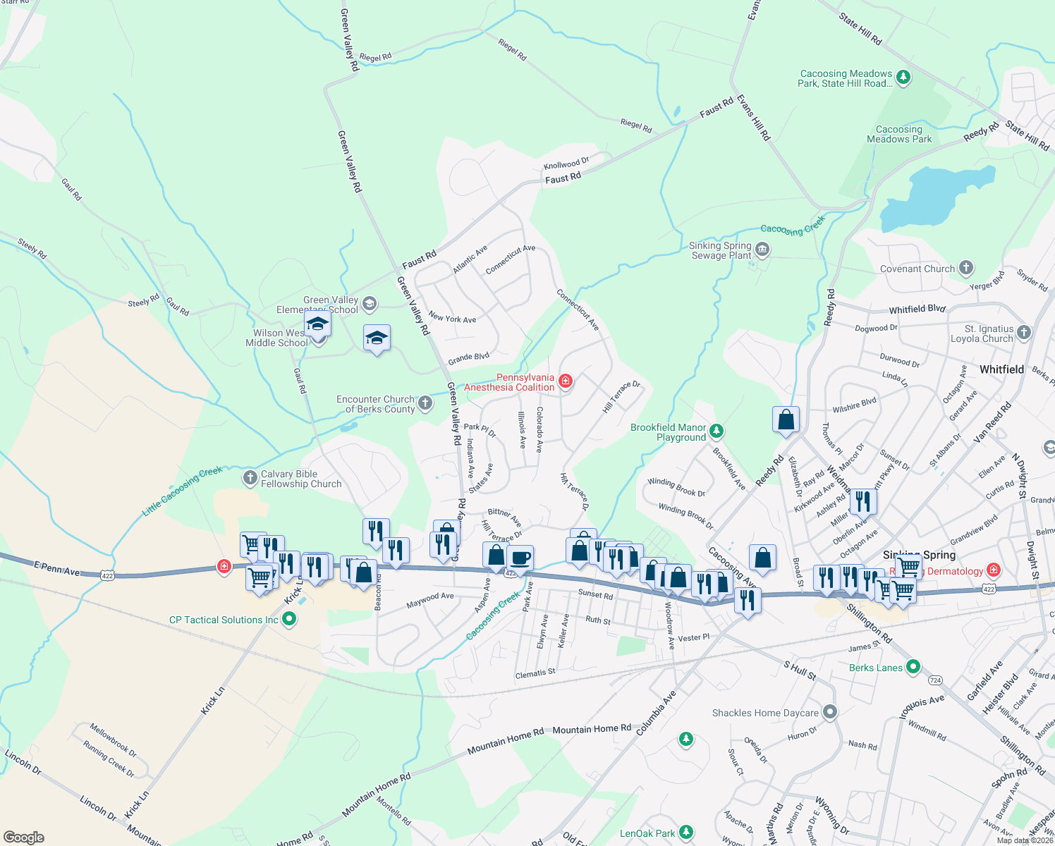 map of restaurants, bars, coffee shops, grocery stores, and more near 11 Illinois Avenue in Sinking Spring