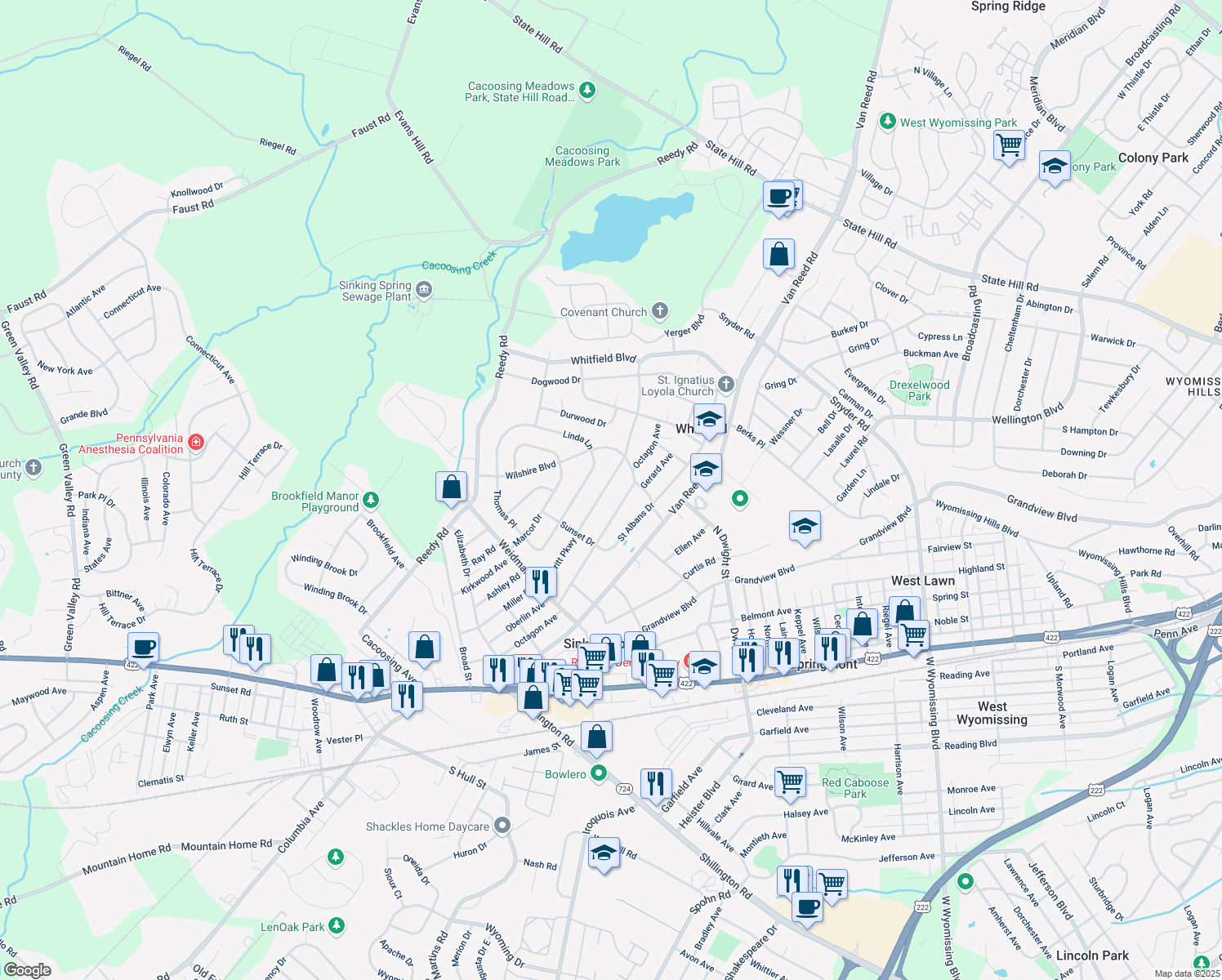 map of restaurants, bars, coffee shops, grocery stores, and more near 3020 Merritt Parkway in Sinking Spring