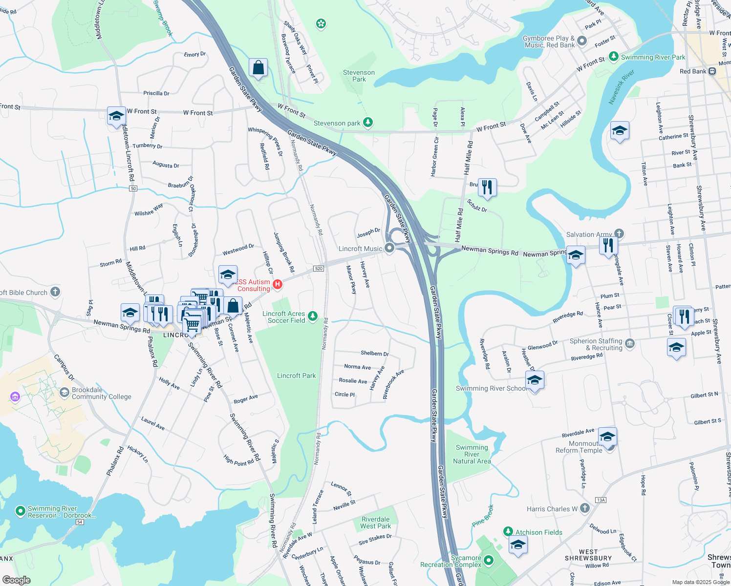 map of restaurants, bars, coffee shops, grocery stores, and more near 68 Harvey Avenue in Lincroft