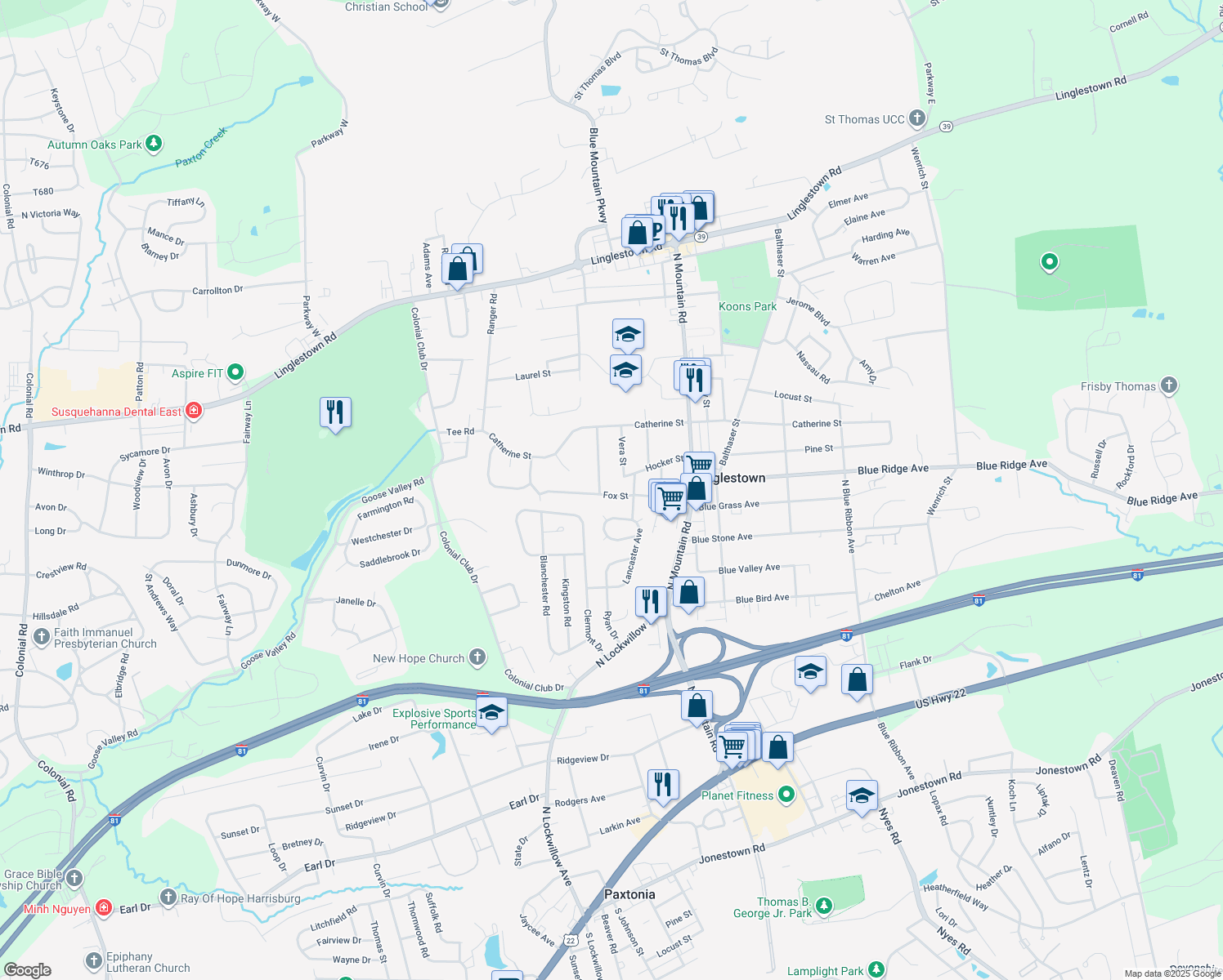 map of restaurants, bars, coffee shops, grocery stores, and more near 5884 Fox St in Harrisburg