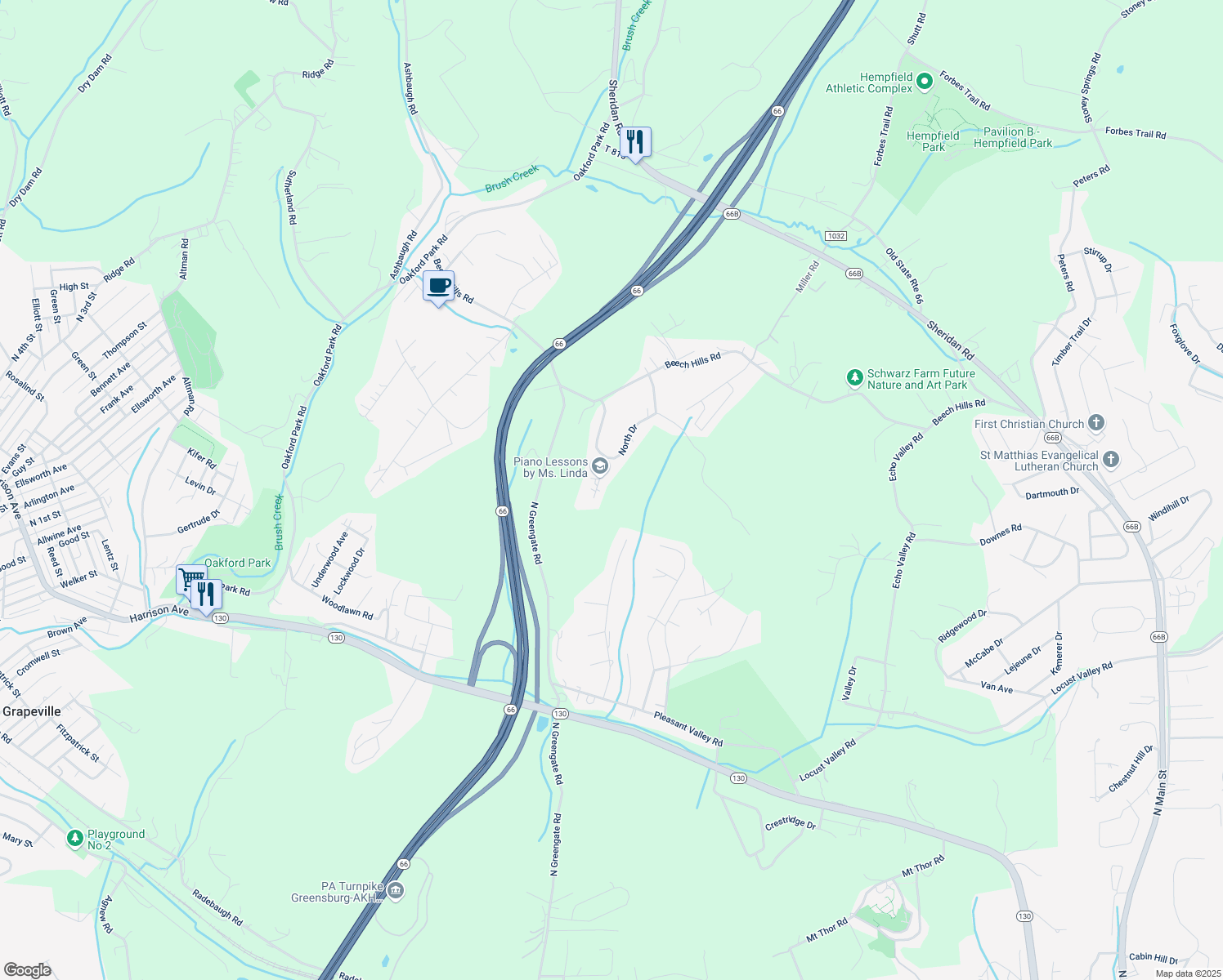 map of restaurants, bars, coffee shops, grocery stores, and more near 4515 Evergreen Drive in Jeannette