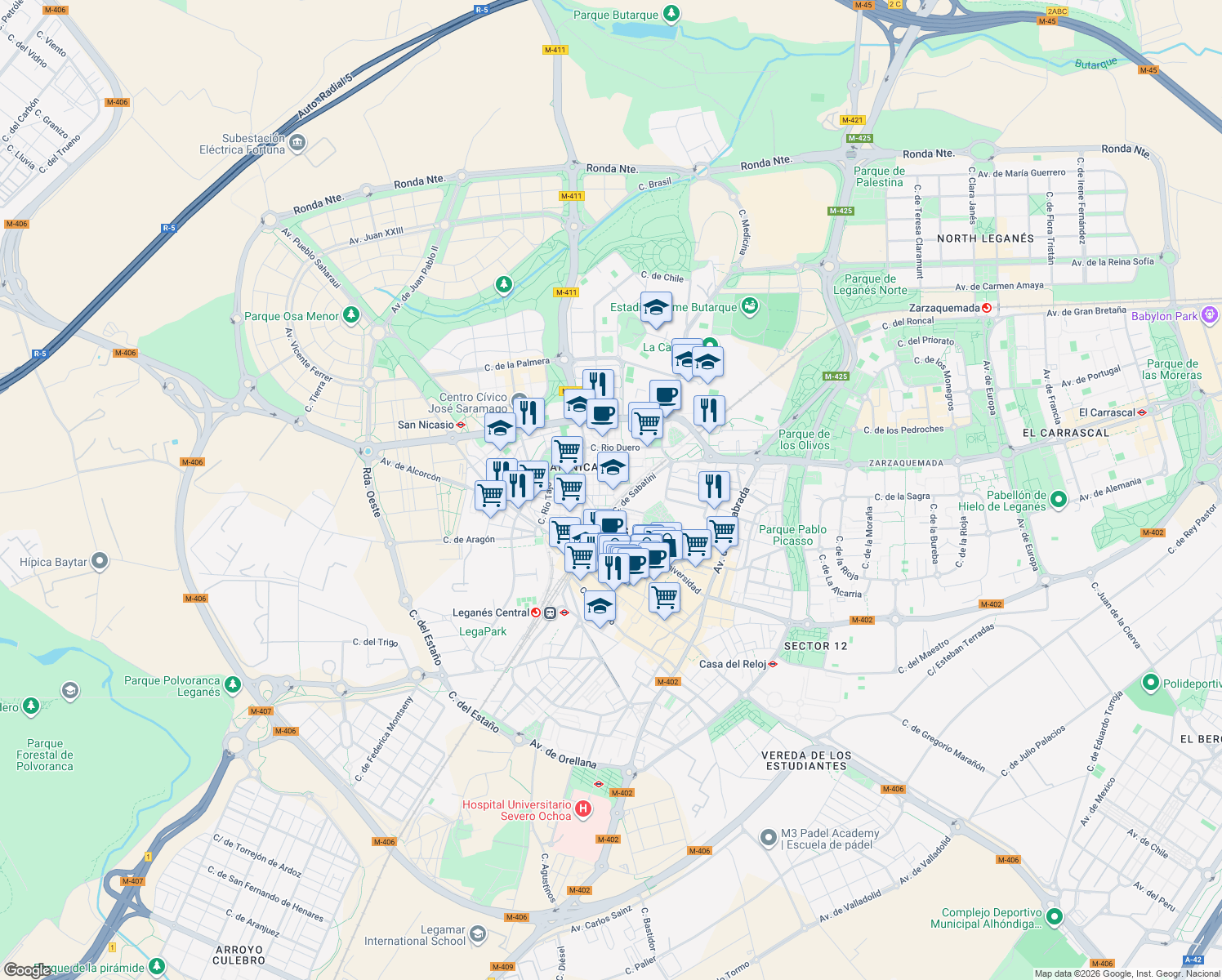 map of restaurants, bars, coffee shops, grocery stores, and more near 7 Calle Río Gállego in Leganés