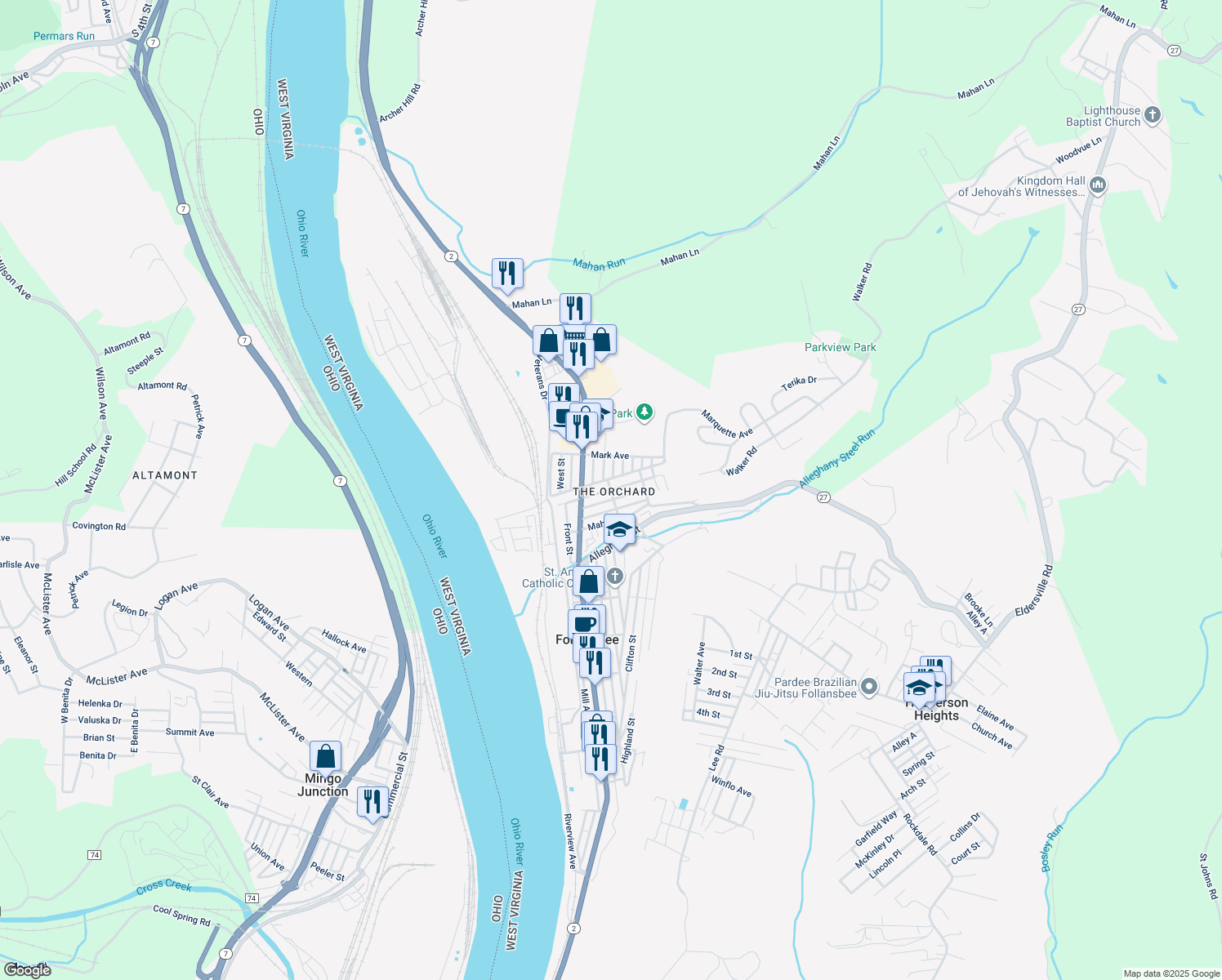 map of restaurants, bars, coffee shops, grocery stores, and more near Raspberry Alley in Follansbee