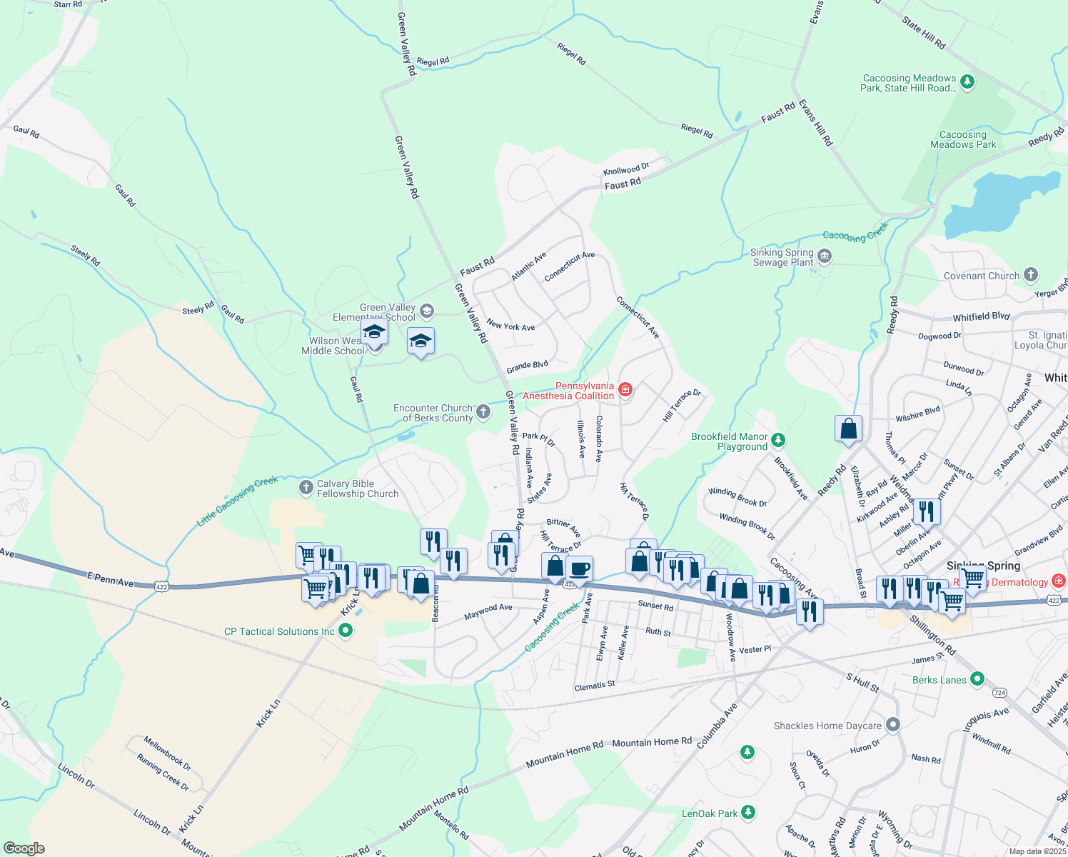 map of restaurants, bars, coffee shops, grocery stores, and more near 1 Pacific Ave in Sinking Spring