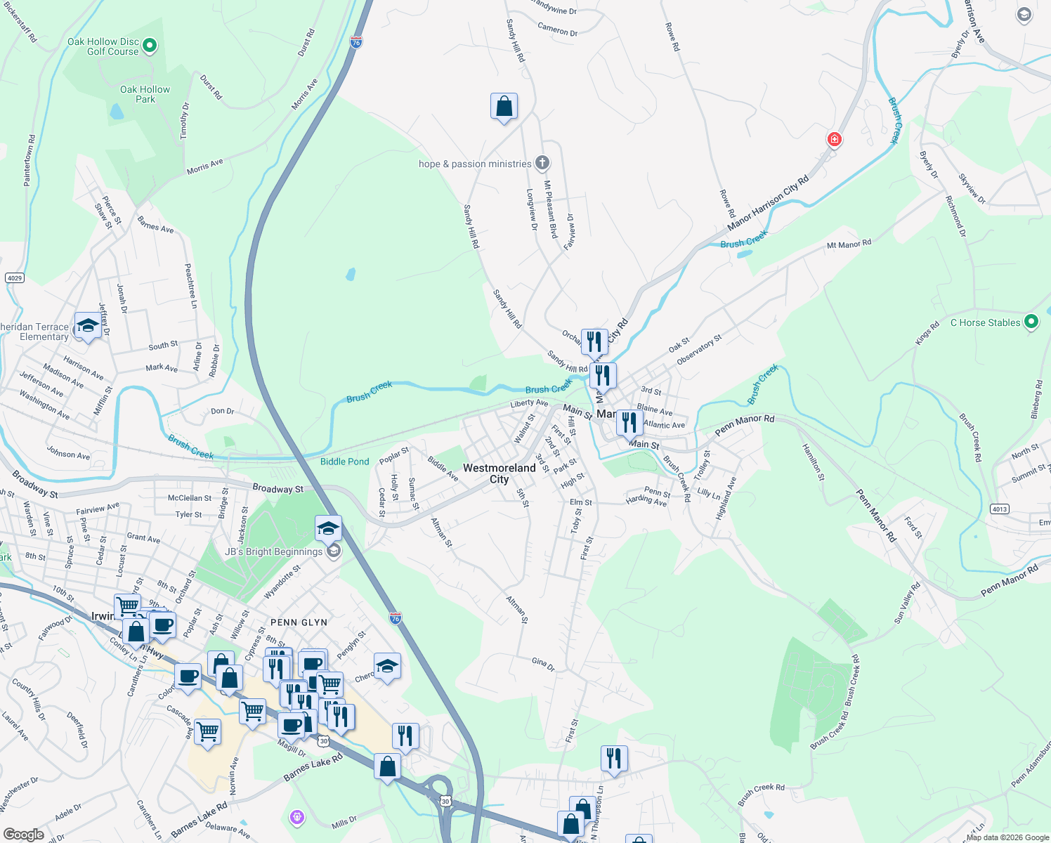 map of restaurants, bars, coffee shops, grocery stores, and more near 8557 Walnut Street in Westmoreland City