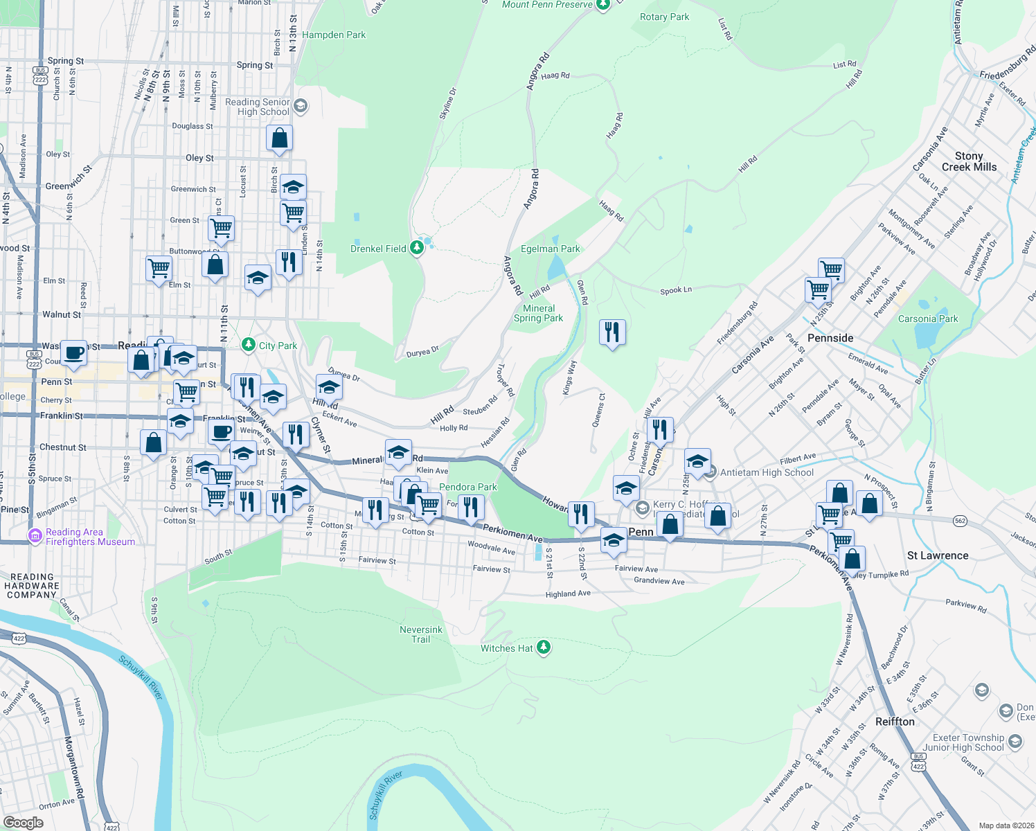 map of restaurants, bars, coffee shops, grocery stores, and more near 1982 Hessian Rd in Reading