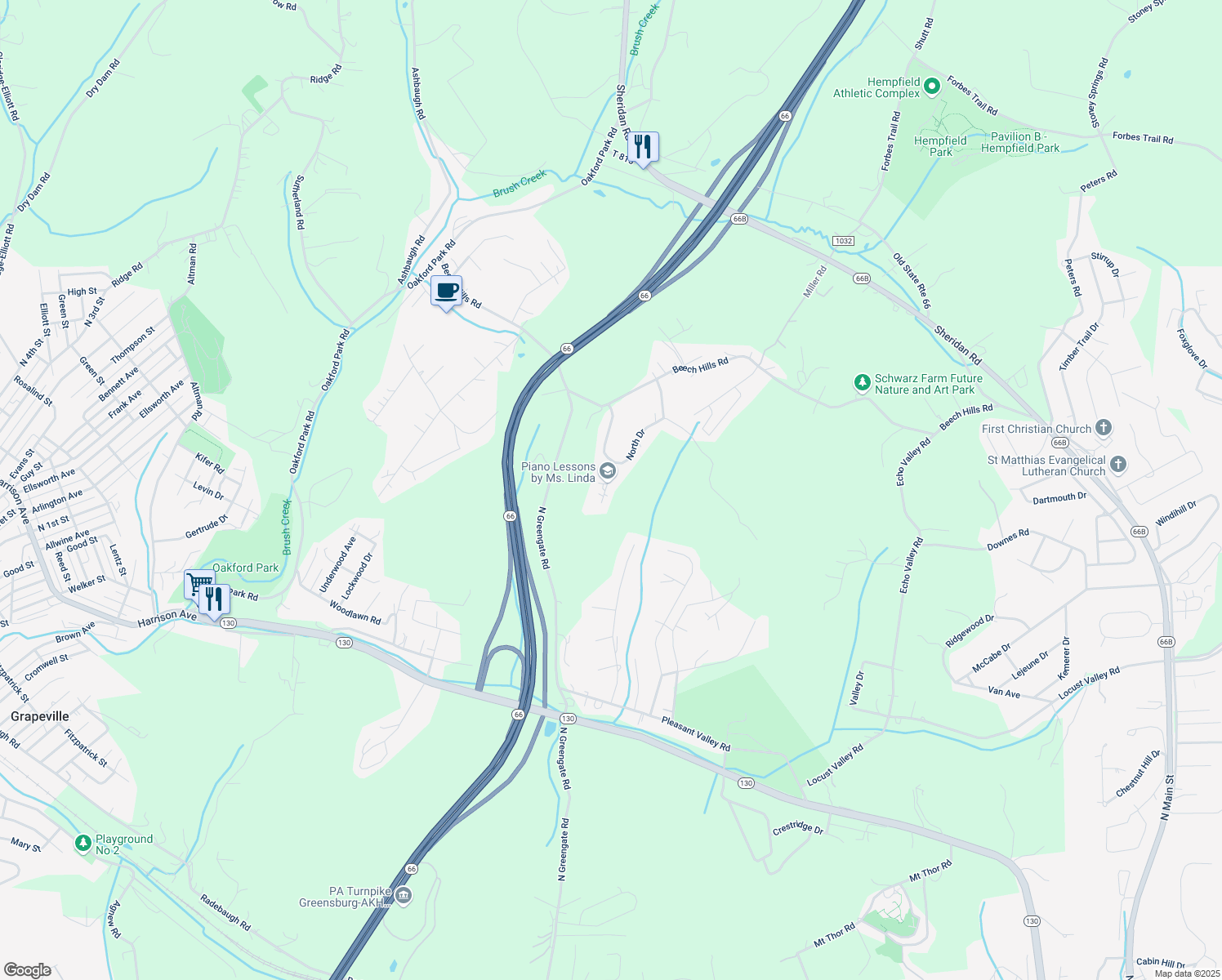 map of restaurants, bars, coffee shops, grocery stores, and more near 4515 Evergreen Drive in Jeannette