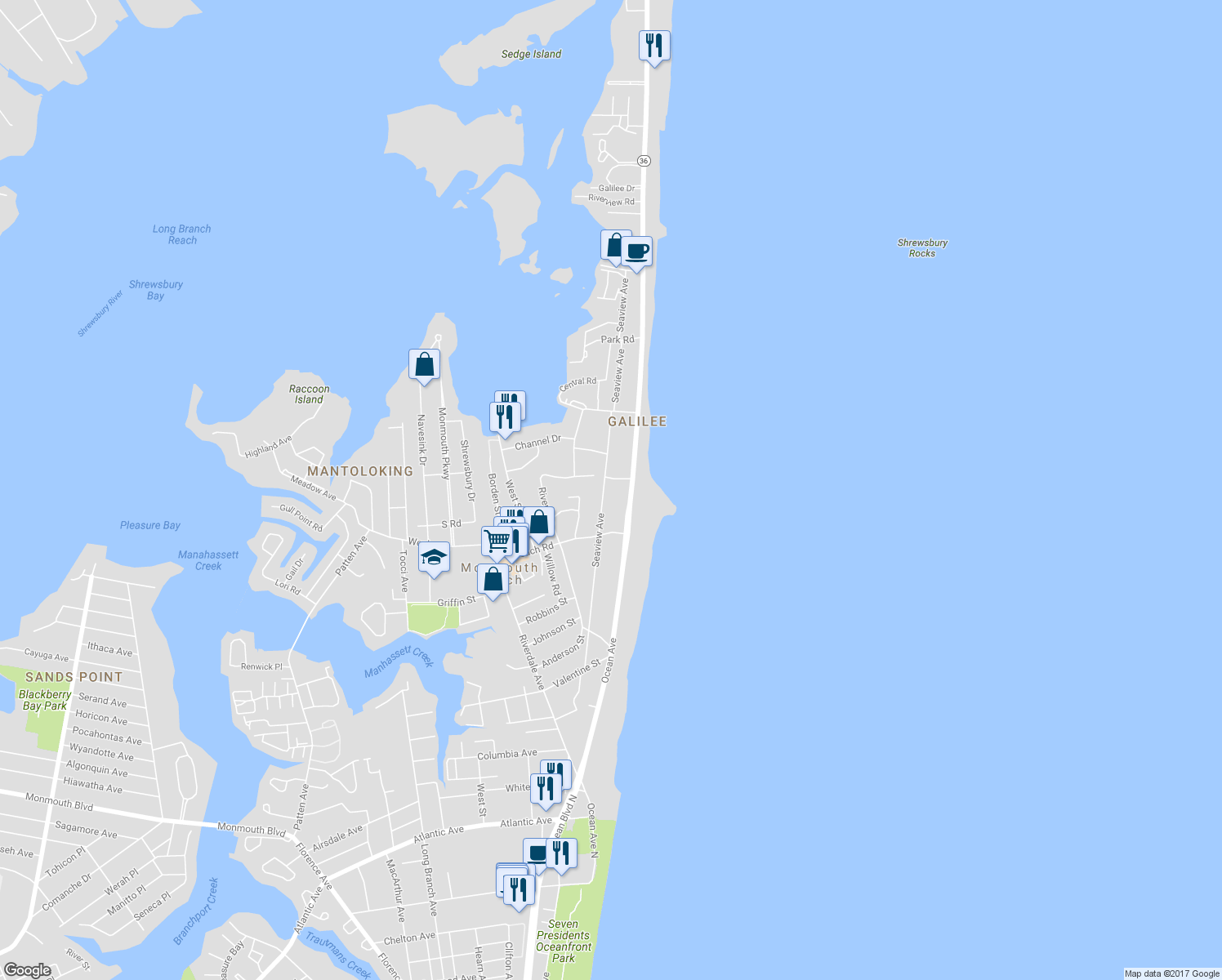 map of restaurants, bars, coffee shops, grocery stores, and more near 53 Seaview Avenue in Monmouth Beach