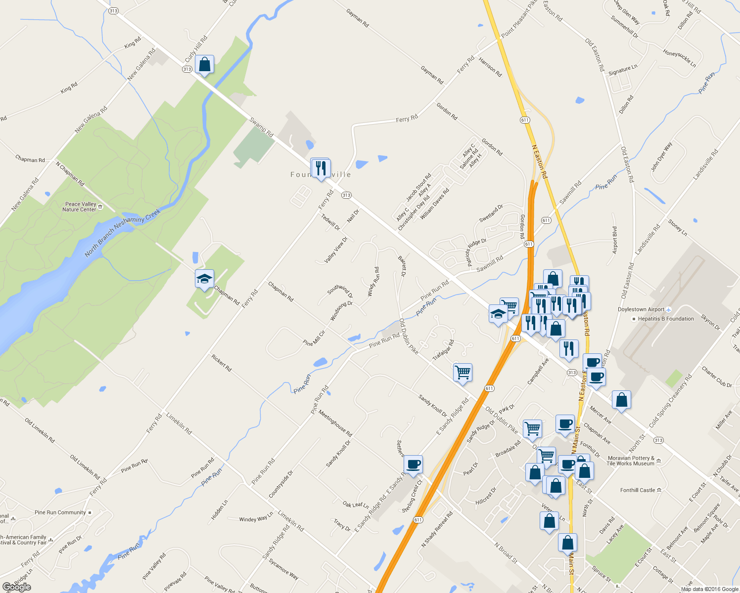 map of restaurants, bars, coffee shops, grocery stores, and more near 300 Windy Run Road in Doylestown