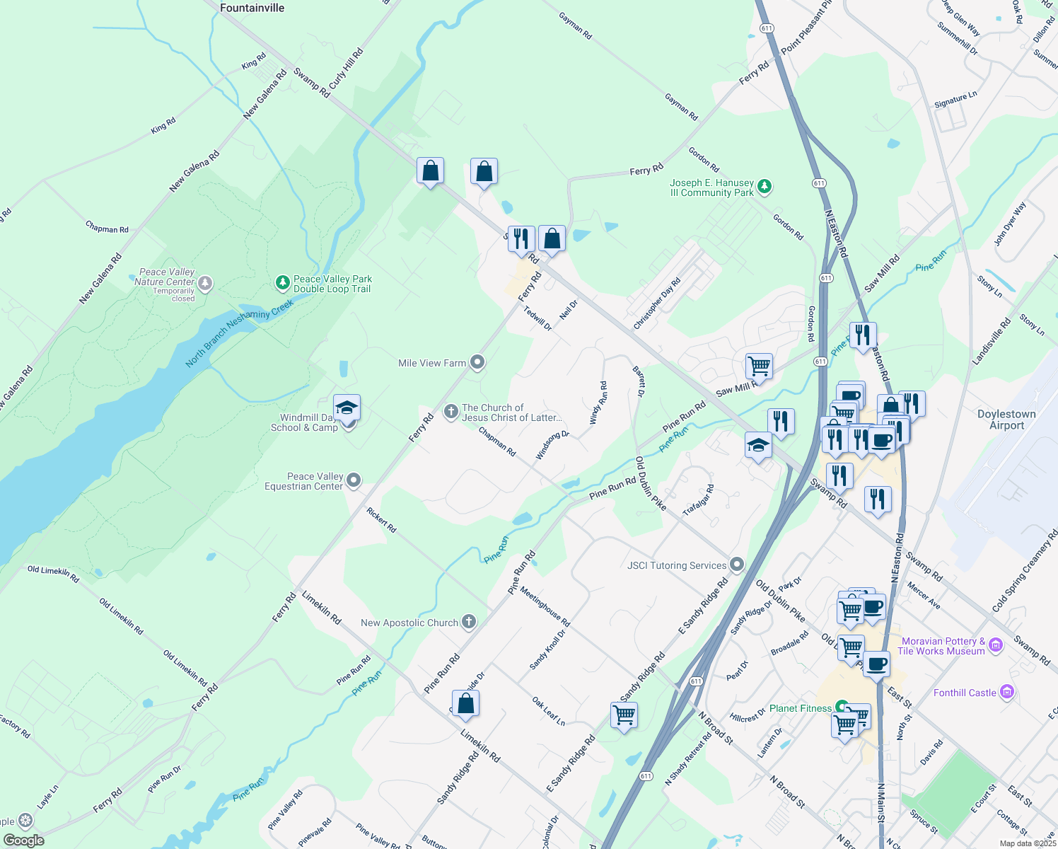 map of restaurants, bars, coffee shops, grocery stores, and more near 219 Southwind Dr in Doylestown