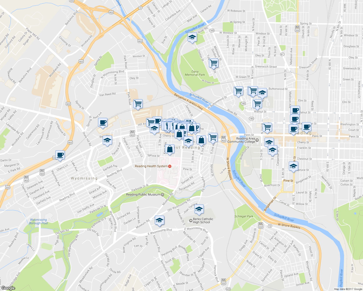 map of restaurants, bars, coffee shops, grocery stores, and more near 120 South 5th Avenue in Reading