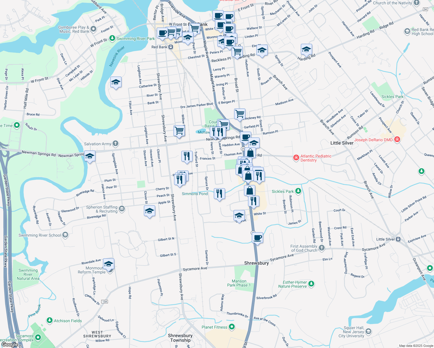 map of restaurants, bars, coffee shops, grocery stores, and more near 82 Patterson Avenue in Shrewsbury