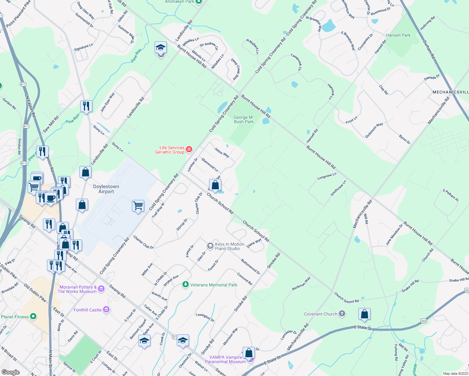 map of restaurants, bars, coffee shops, grocery stores, and more near 4171 Hilltop Circle in Doylestown