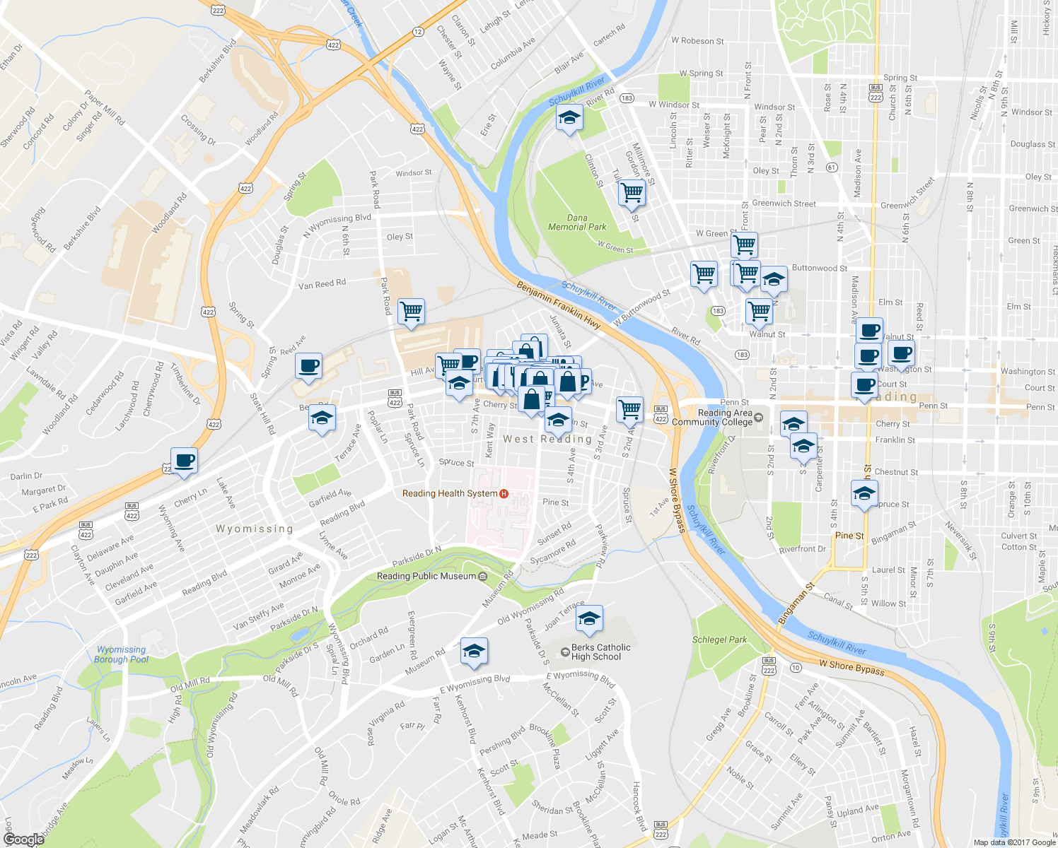 map of restaurants, bars, coffee shops, grocery stores, and more near 520 Franklin Street in West Reading