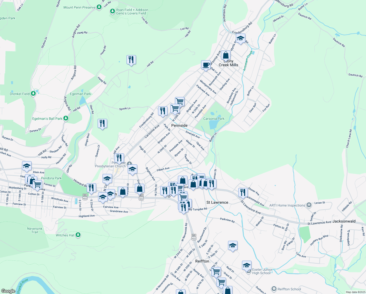 map of restaurants, bars, coffee shops, grocery stores, and more near 620 Byram Street in Reading