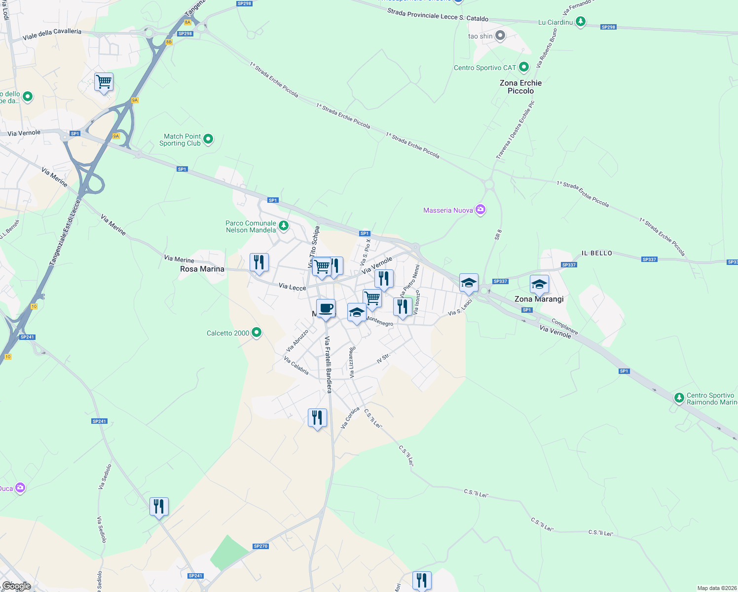 map of restaurants, bars, coffee shops, grocery stores, and more near 9 Via San Vito in Merine