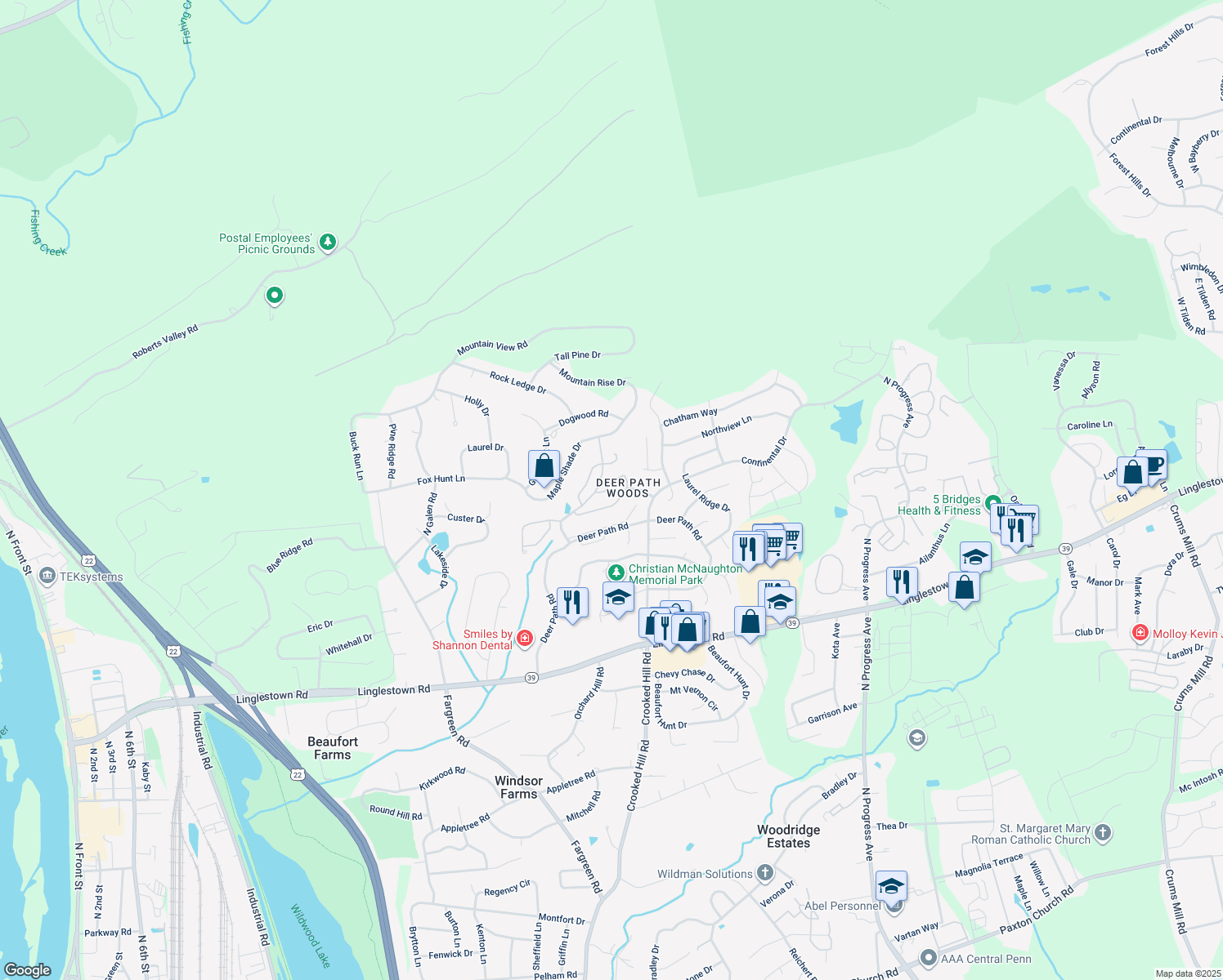map of restaurants, bars, coffee shops, grocery stores, and more near 217 Silver Leaf Ridge in Harrisburg