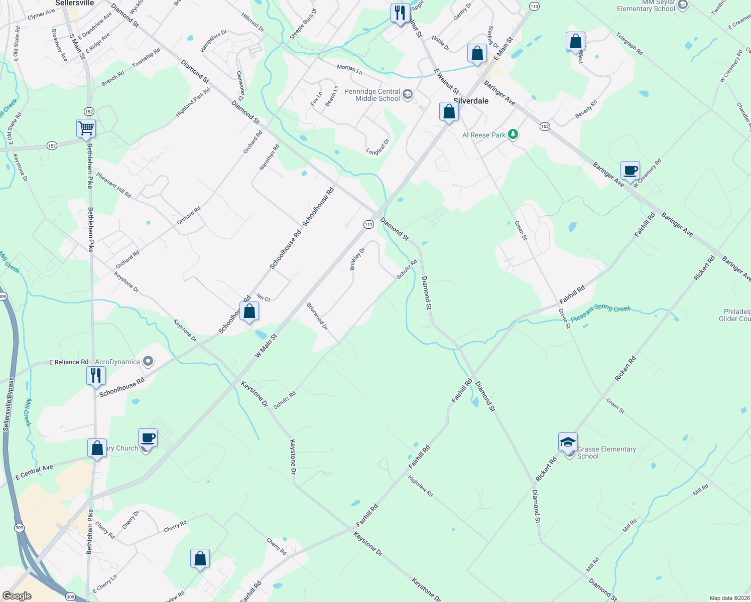map of restaurants, bars, coffee shops, grocery stores, and more near 115 Schultz Road in Sellersville