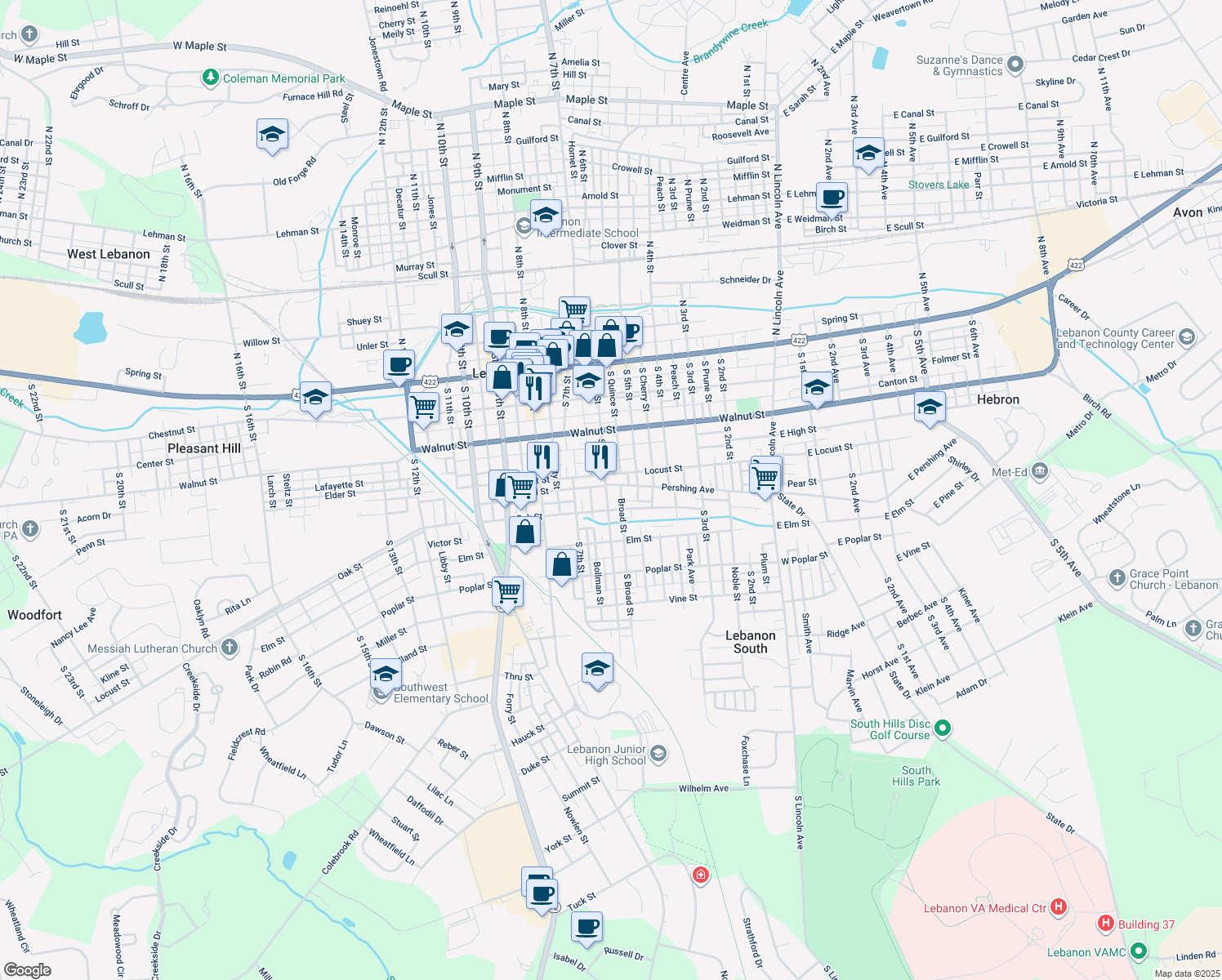 map of restaurants, bars, coffee shops, grocery stores, and more near 324 South 6th Street in Lebanon