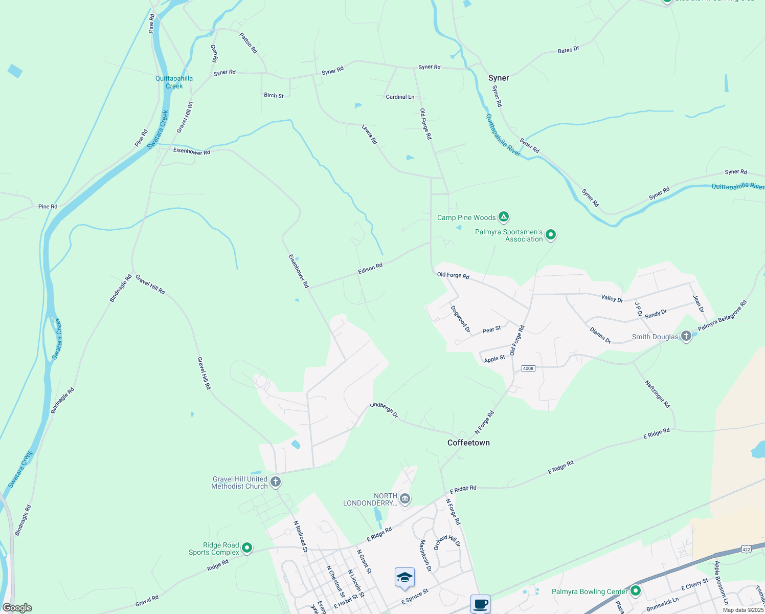 map of restaurants, bars, coffee shops, grocery stores, and more near 138 White Tail Lane in Palmyra