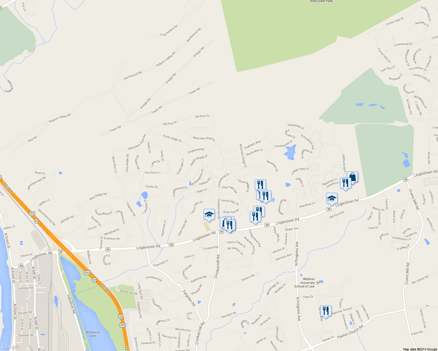 map of restaurants, bars, coffee shops, grocery stores, and more near 2094 Northwoods Park Drive in Harrisburg