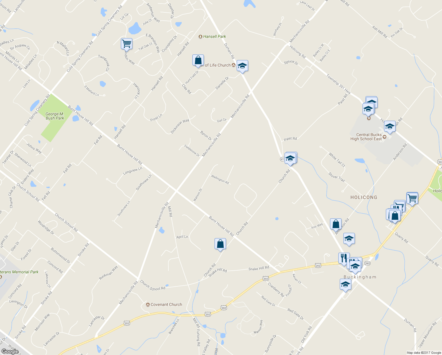 map of restaurants, bars, coffee shops, grocery stores, and more near 3187 Wellington Road in Doylestown