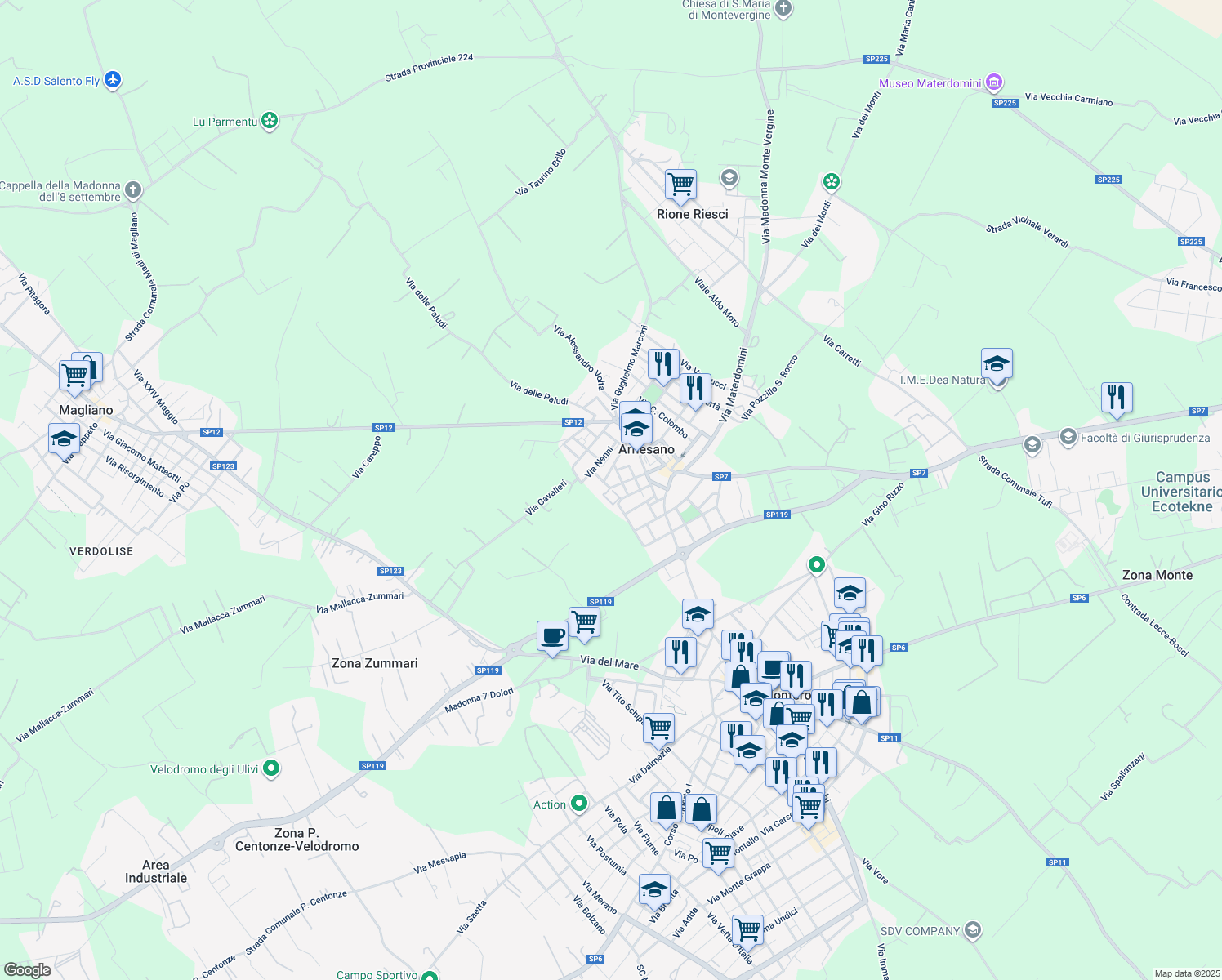 map of restaurants, bars, coffee shops, grocery stores, and more near 65 Via Petrelli in Arnesano